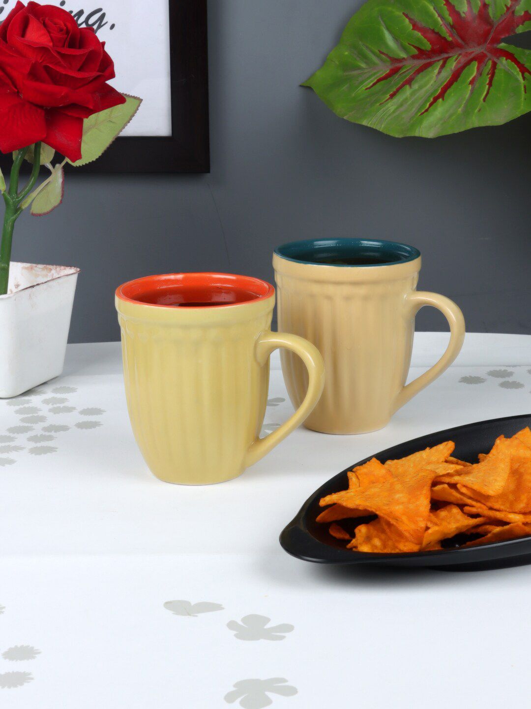 CDI Gold-Toned & Blue Textured Ceramic Glossy Mugs Set of 6 Cups Price in India