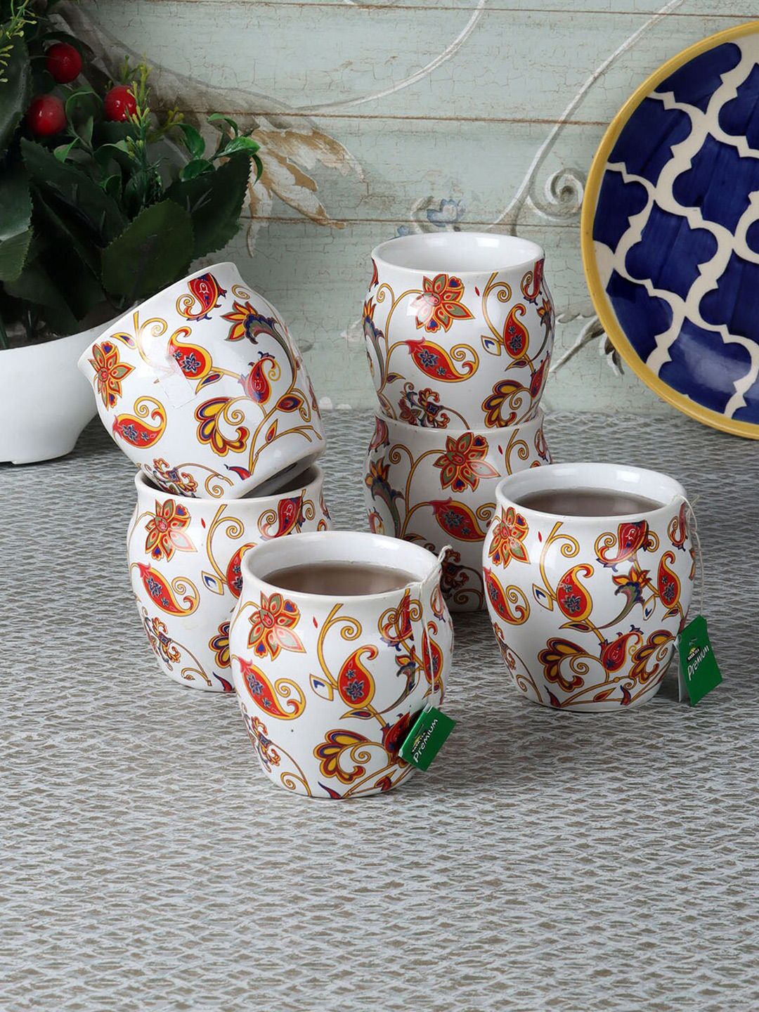 CDI White & Red Printed Ceramic Glossy Kulladhs Set of 6 Cups Price in India