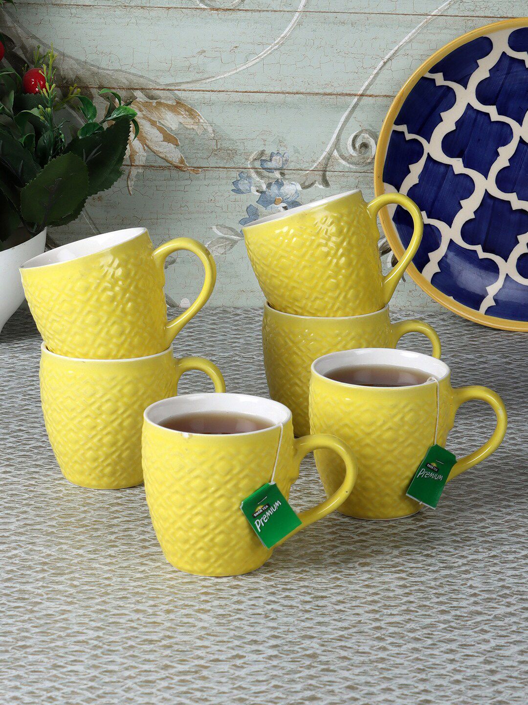 CDI Yellow Textured Ceramic Glossy Cups Set of 6 Cups Price in India