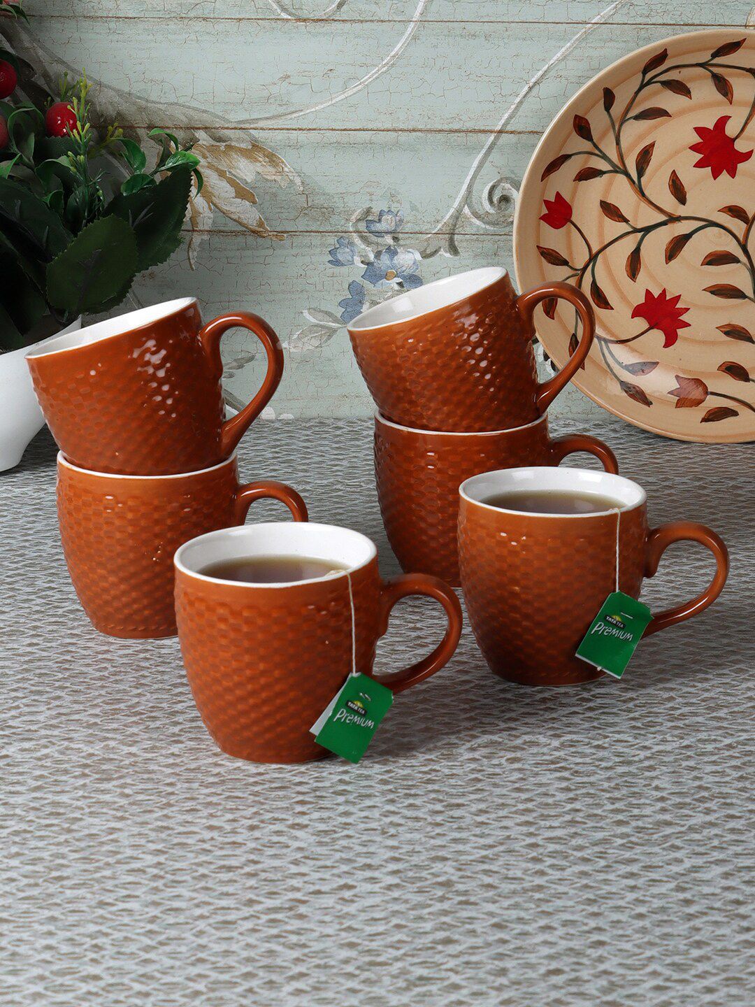 CDI Brown Textured Ceramic Glossy Cups Set of 6 Cups Price in India