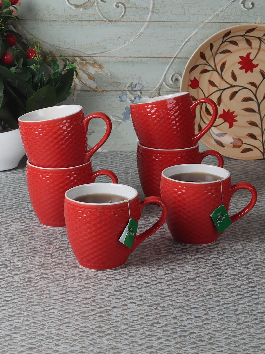 CDI Red & White Textured Ceramic Glossy Cups Set of 6 Cups Price in India
