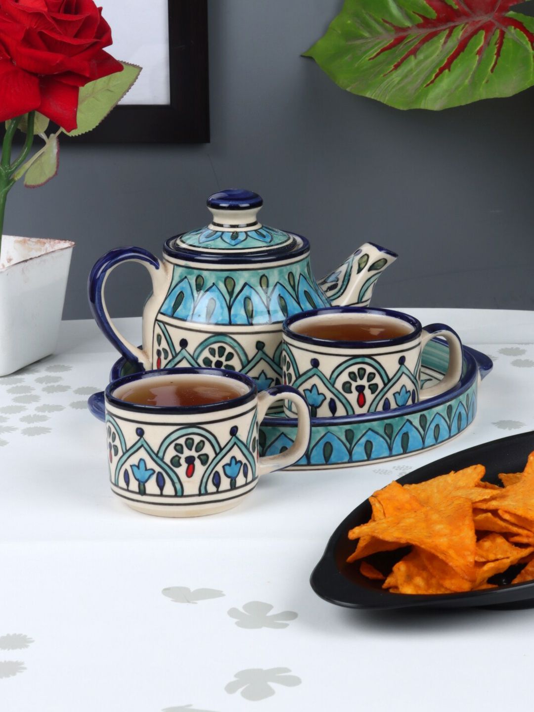 CDI Blue & White Printed Ceramic Glossy Kettle Set With 2 Cups 1 Kettle 1 Tray Price in India