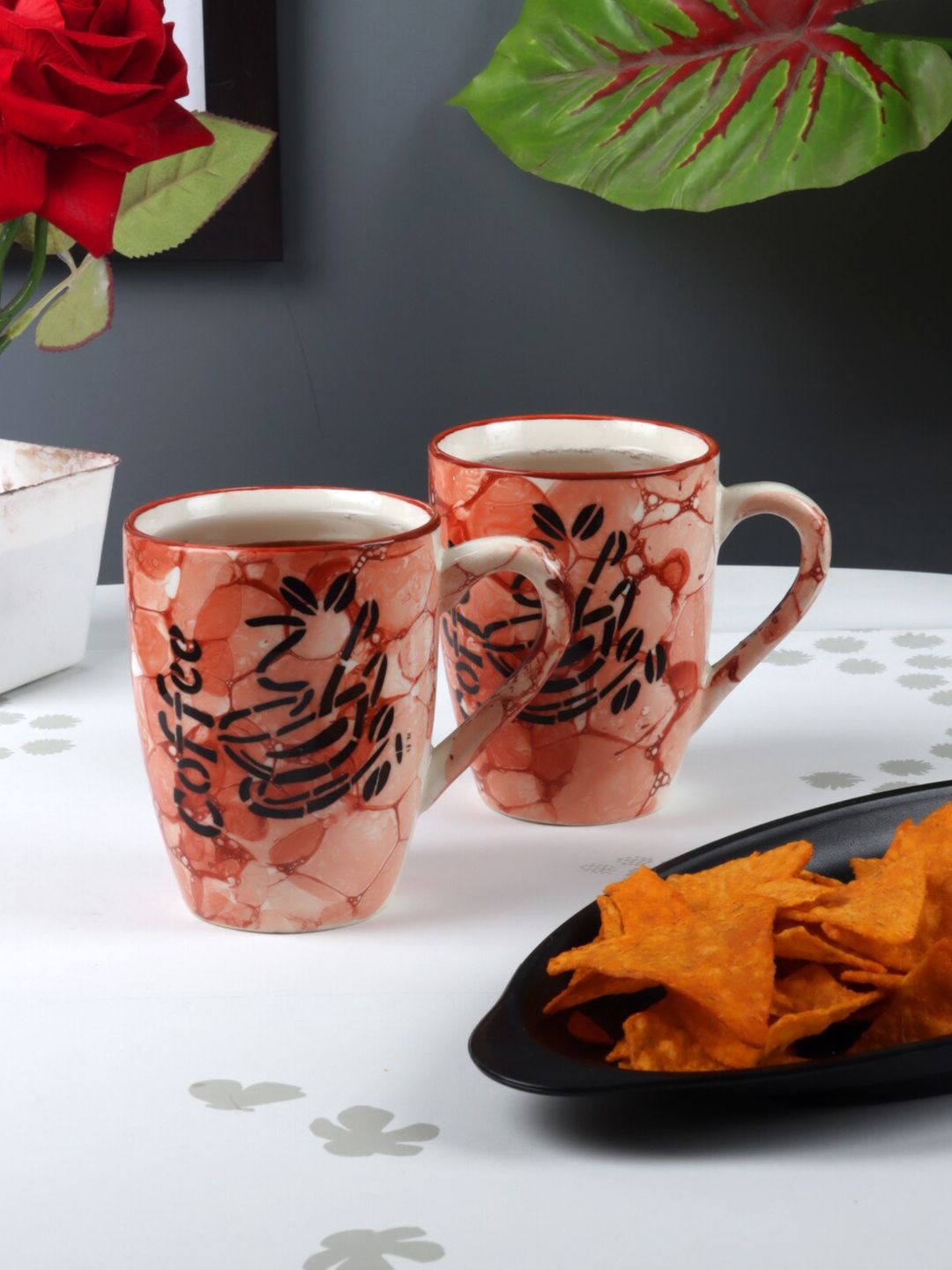 CDI Set of 7 Coral & Black Printed Ceramic Glossy Coffee Mugs Set Price in India