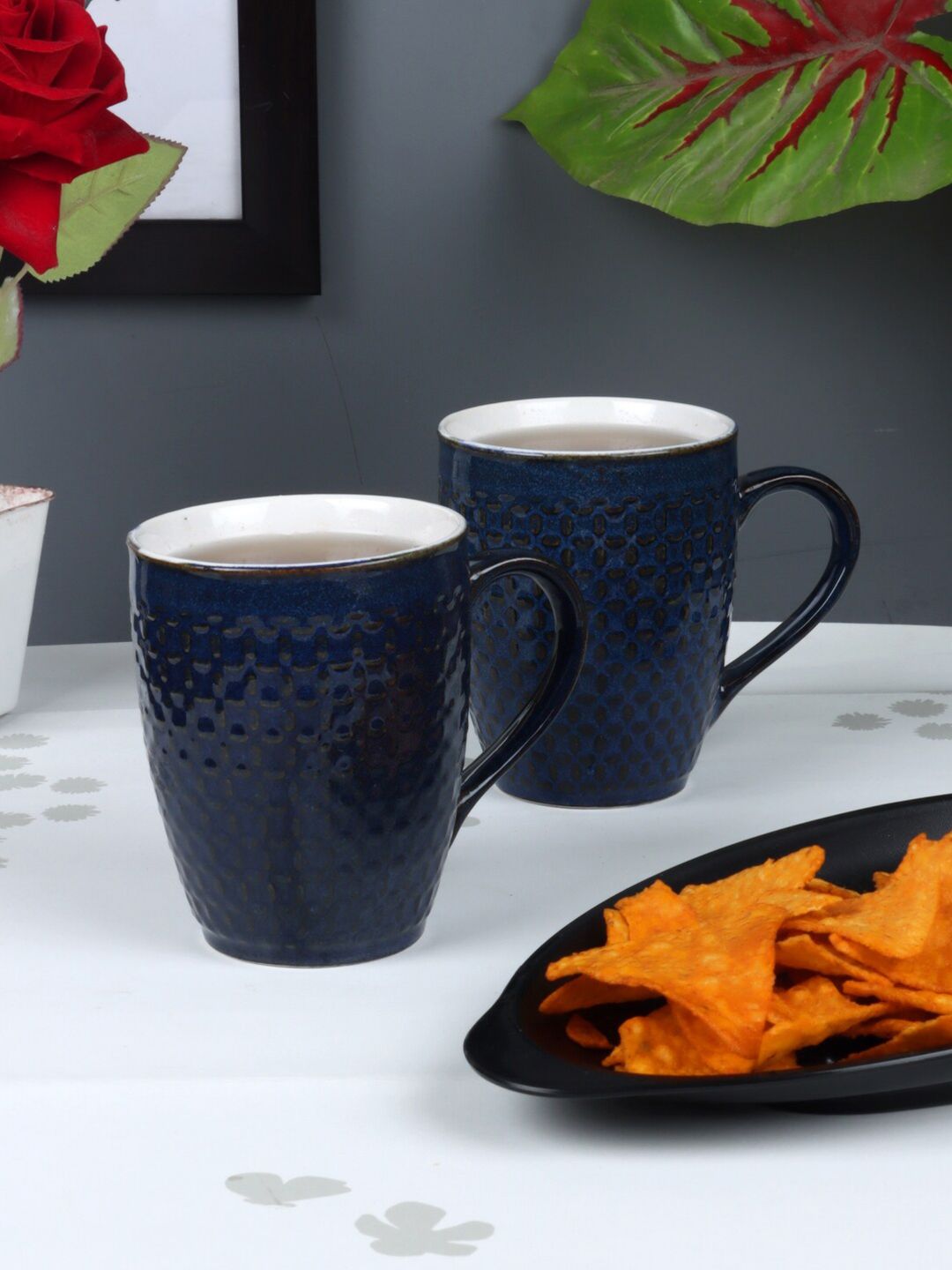 CDI Blue & White Set of 6 Textured Ceramic Glossy Cups and Mugs Price in India