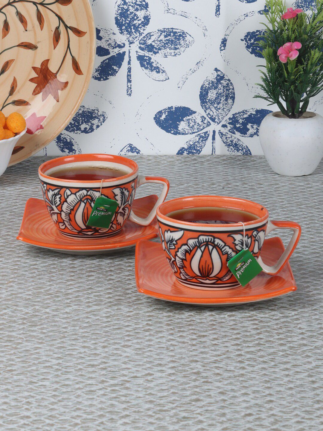 CDI Orange & White Set of 12 Printed Ceramic Glossy Cups and Mugs Price in India