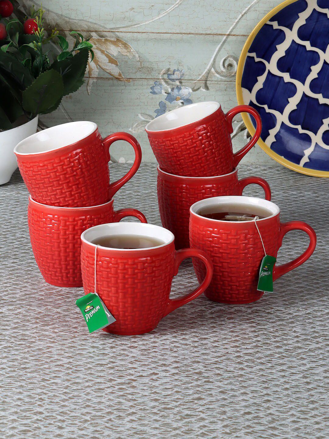 CDI Red Set Of 6 Geometric Textured Ceramic Glossy Cups Price in India