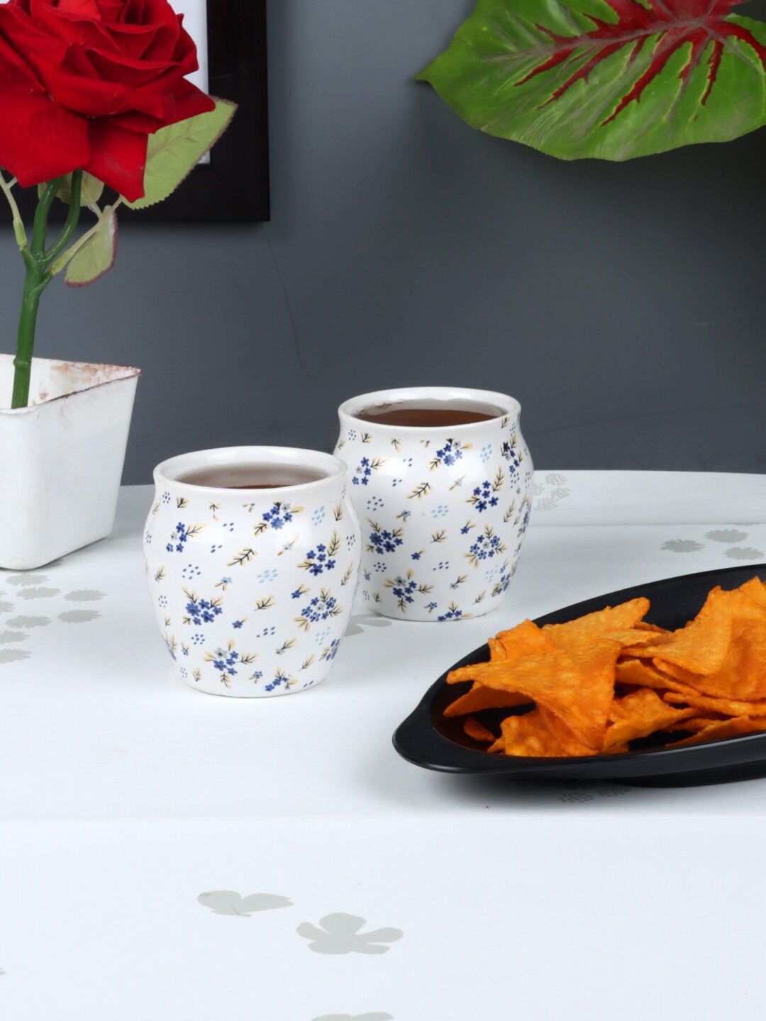 CDI White & Blue Set of 6 Printed Ceramic Glossy Cups and Mugs Price in India