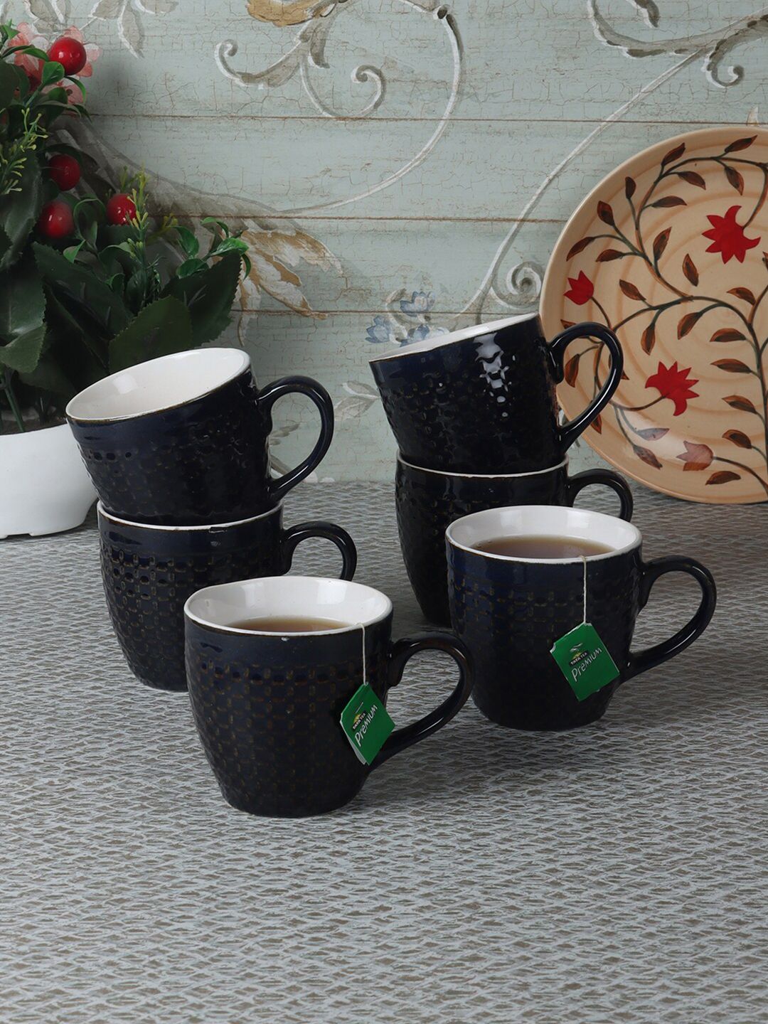 CDI Black & White Set of 6 Textured Ceramic Glossy Cups and Mugs Price in India