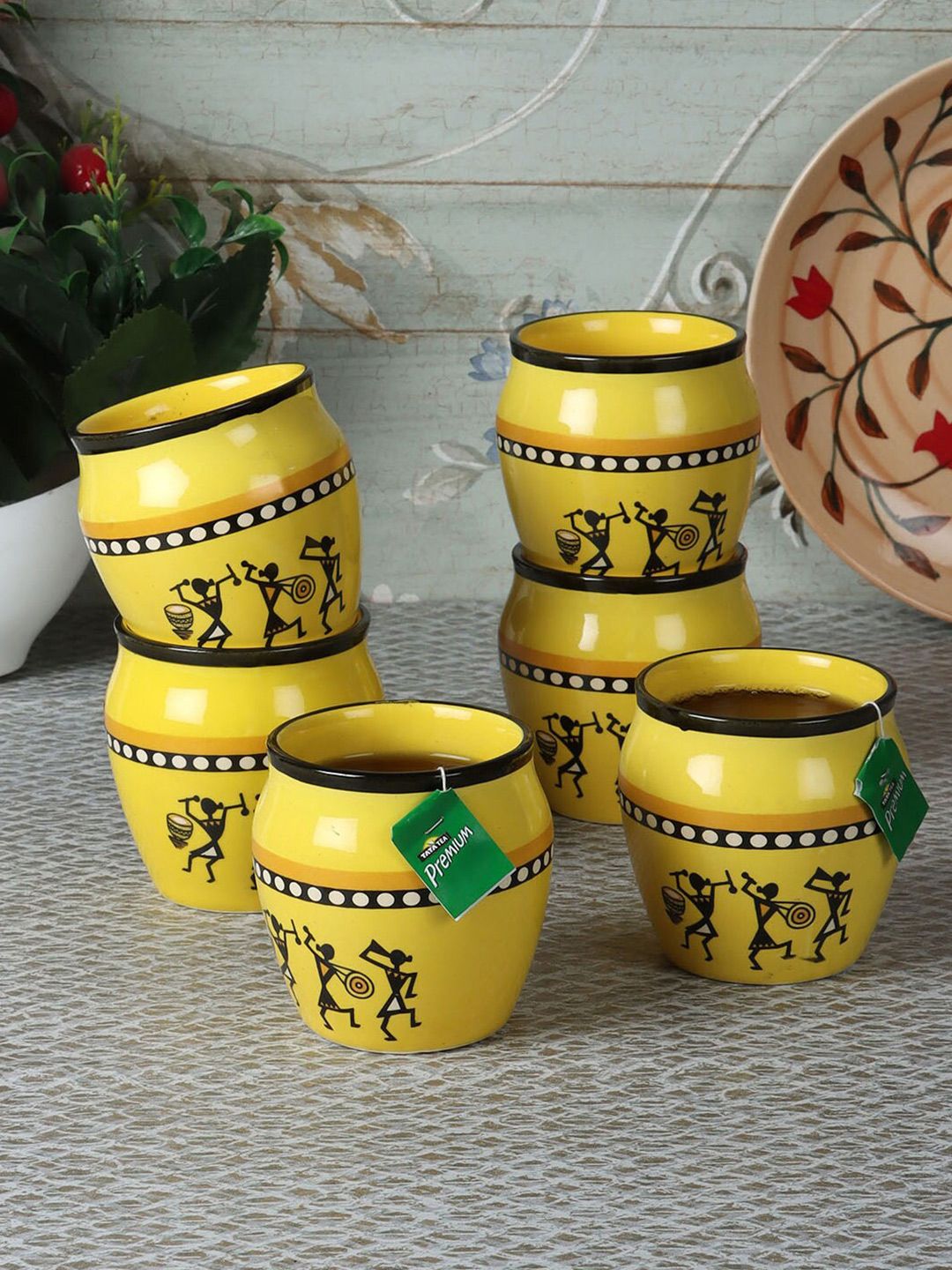 CDI Yellow & Black Set of 6 Printed Ceramic Glossy Kulladhs Cups and Mugs Price in India