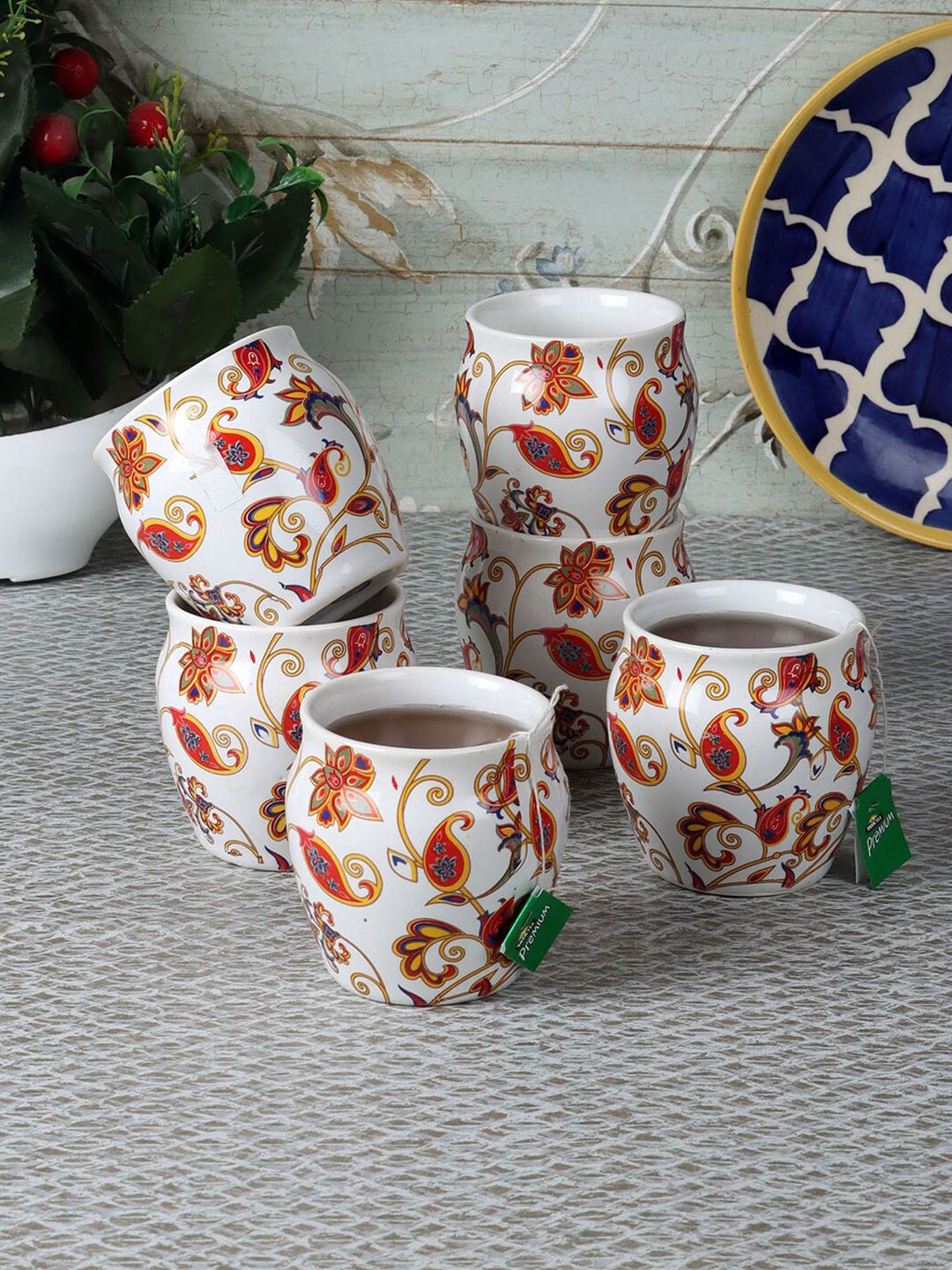 CDI Set of 7 White & Red Ethnic Motifs Printed Ceramic Kulladhs Cups Price in India