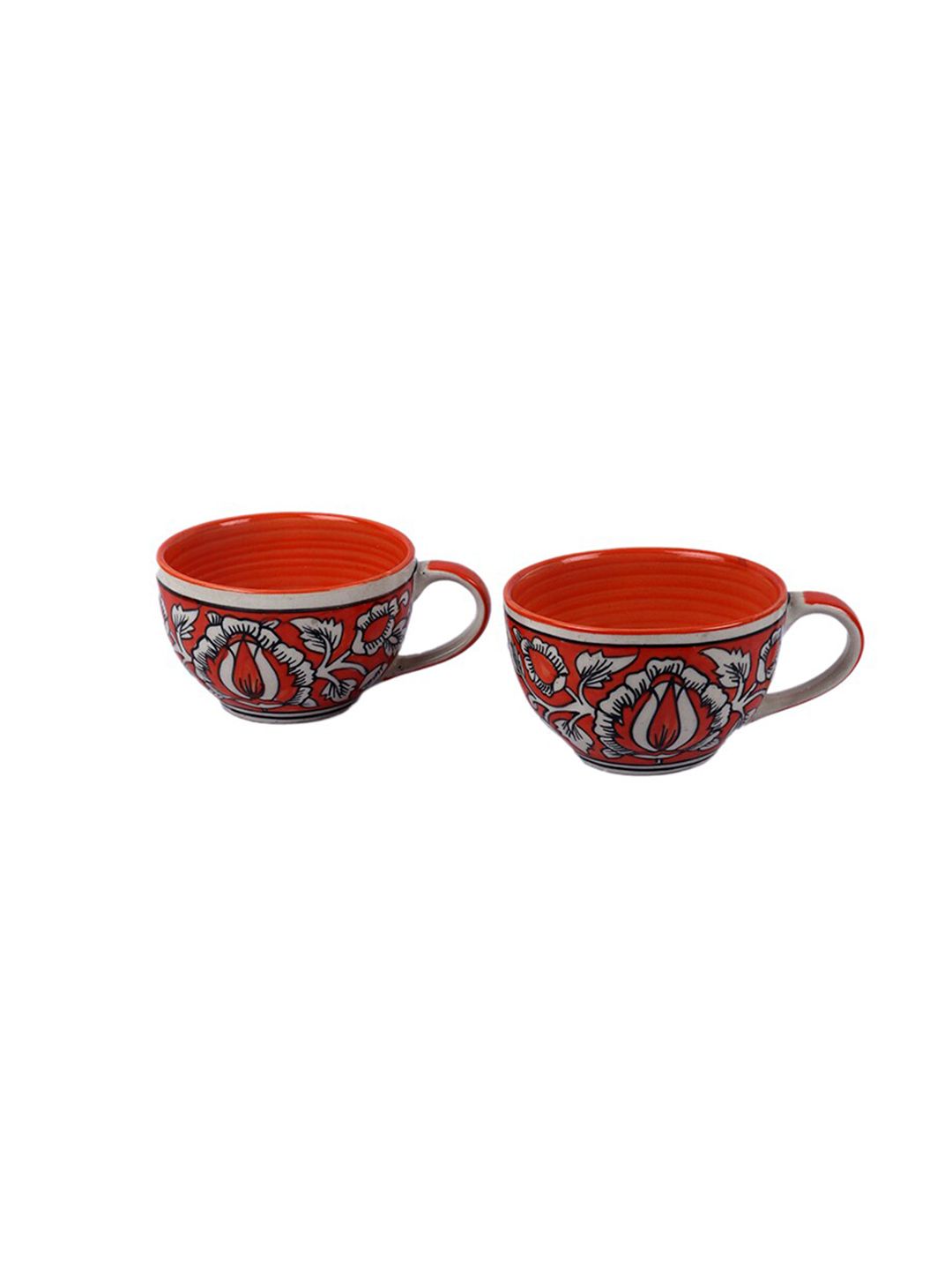 CDI Orange & White Set of 2 Printed Ceramic Glossy  Cups and Mugs Price in India