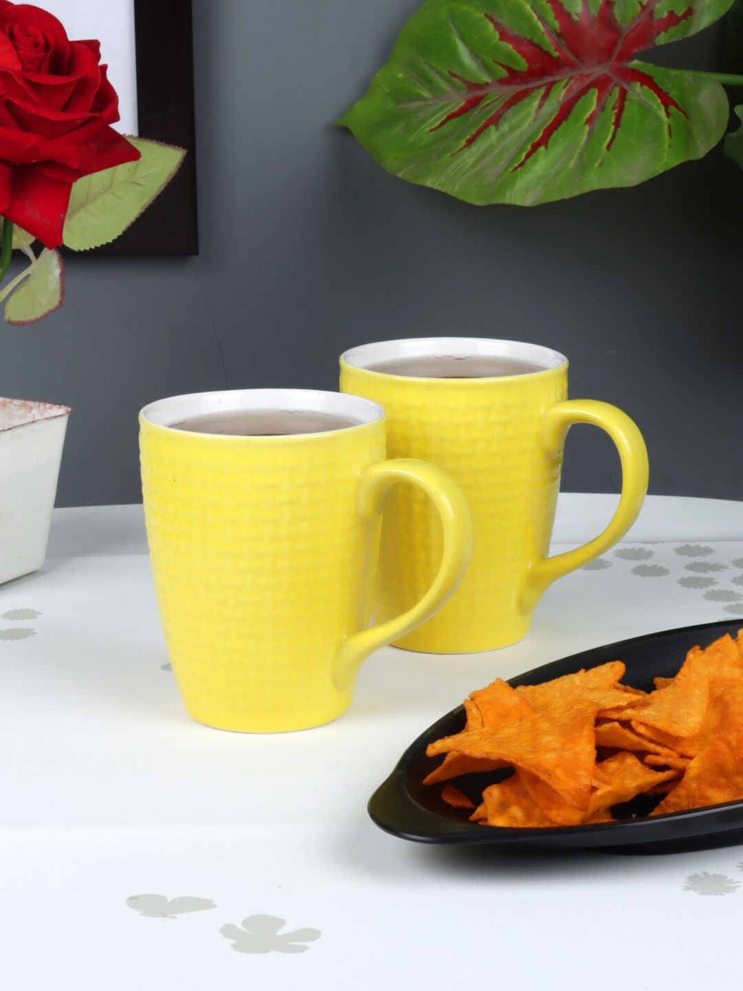 CDI Yellow & White Set of 6 Textured Ceramic Glossy Cups and Mugs Price in India