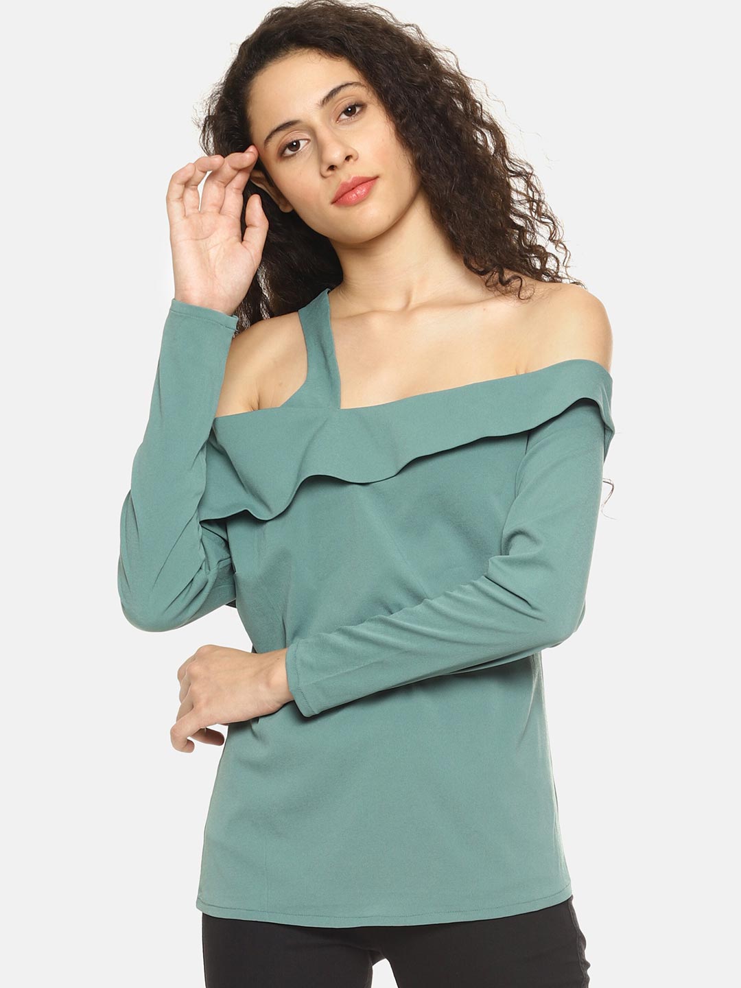 SAHORA Green Solid One Shoulder Crepe Top Price in India