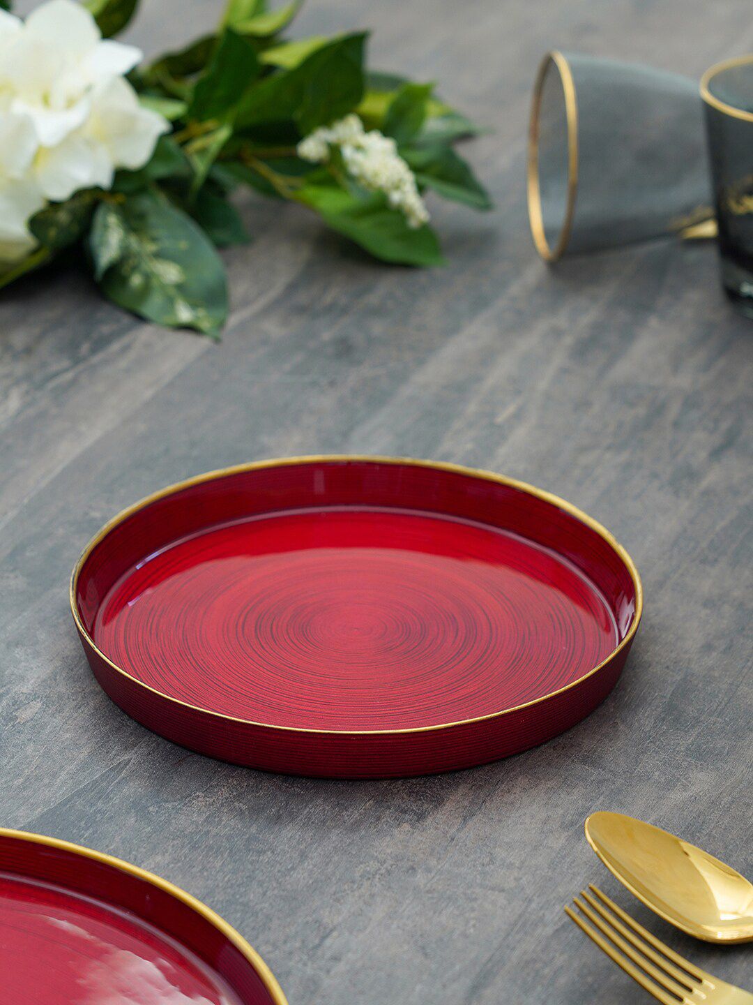 Pure Home and Living Red 2 Pieces Printed Glass Glossy Dessert Plates Price in India