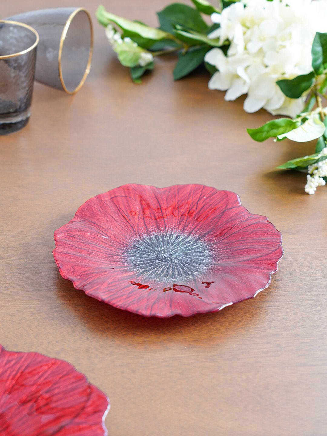 Pure Home and Living Red & Black Set Of 2 Floral Textured Glass Matte Plates Price in India