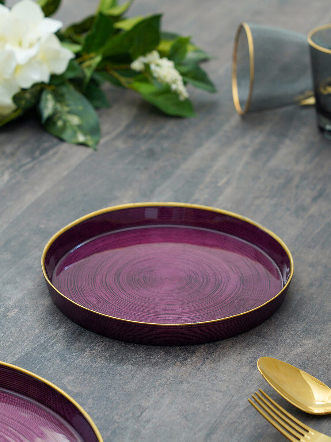 Pure Home and Living Purple & Gold-Toned 2 Pieces Textured Glass Glossy Plates Price in India