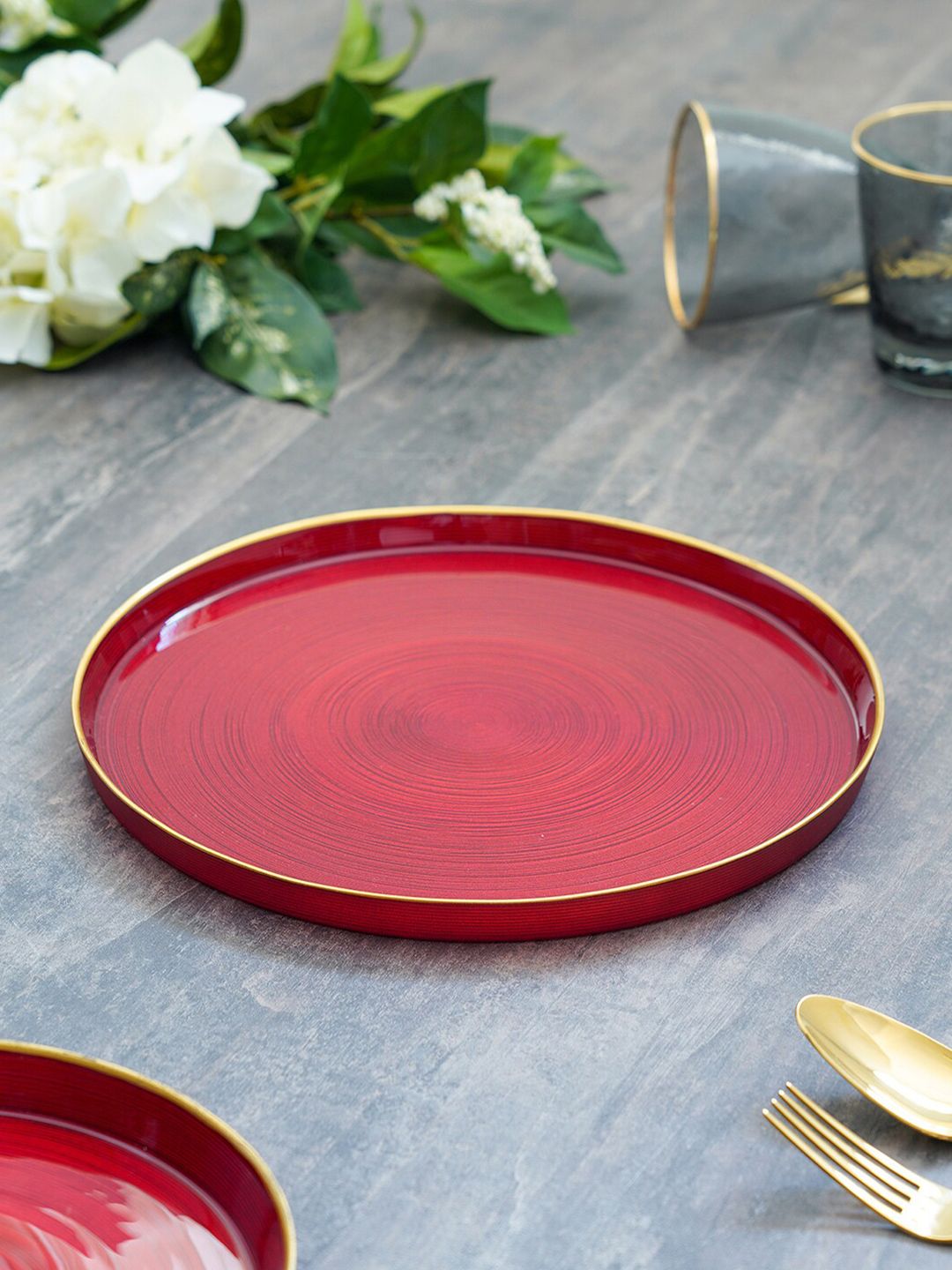 Pure Home and Living Red & 2 Pieces Hand Painted Textured Glass Matte Plates Price in India