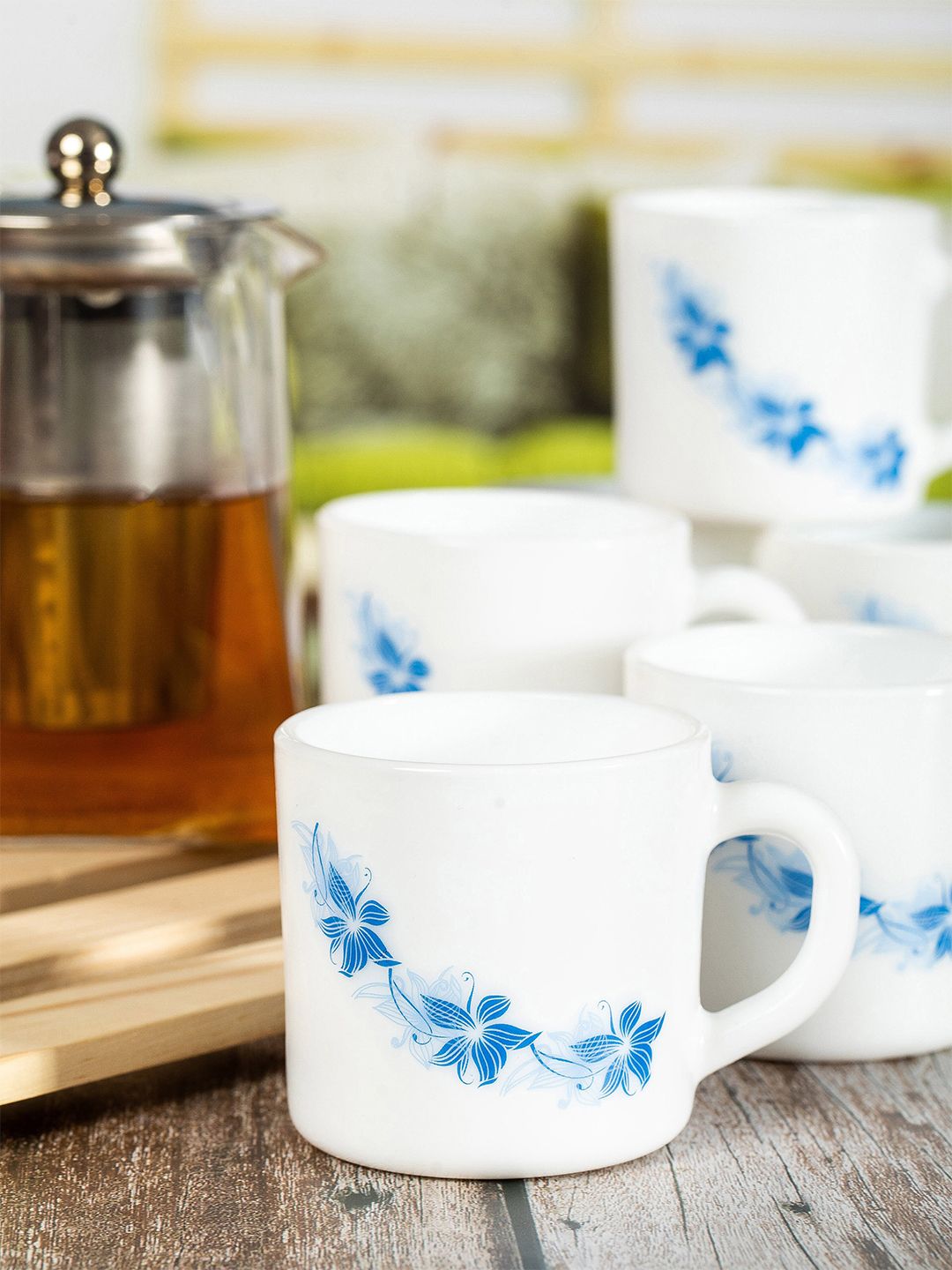 Cello White & Blue Floral Set of 12 Printed Opalware Glossy Cups and Mugs Price in India