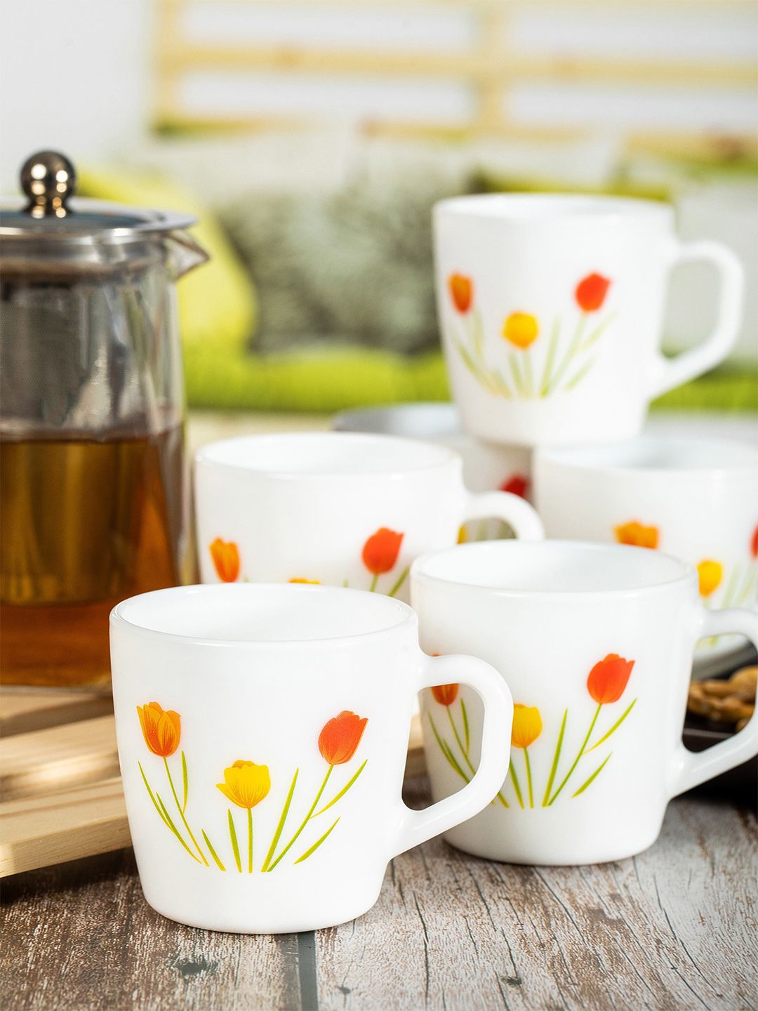 Cello White & Yellow Set of 12 Floral Printed Opalware Glossy Cups and Mugs Price in India