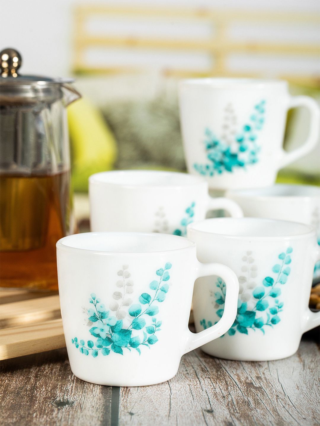 Cello White & Blue Set of 12 Floral Printed Opalware Glossy Cups and Mugs Price in India