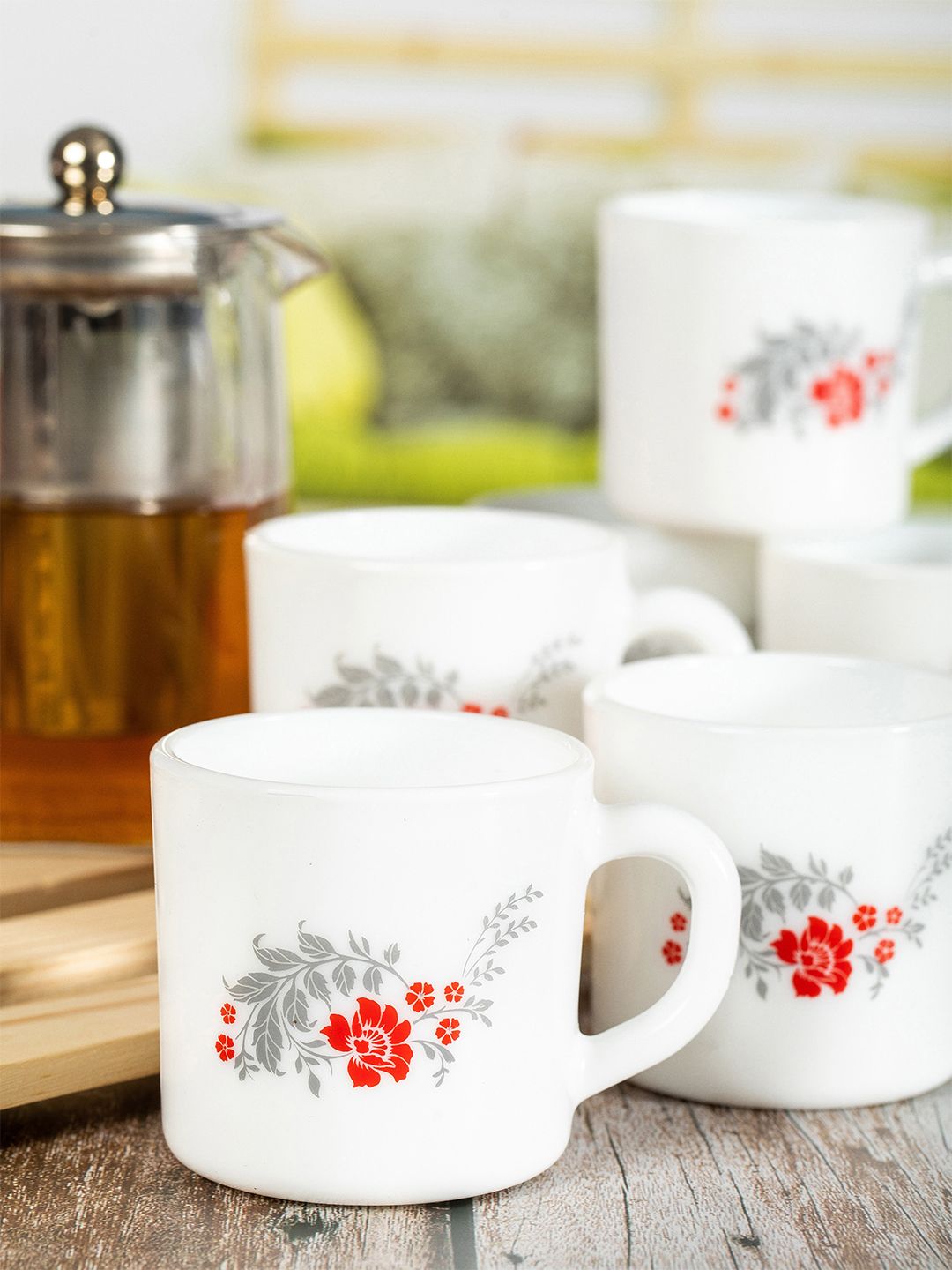 Cello White & Red Set of 12 Floral Printed Opalware Glossy Cups and Mugs Price in India