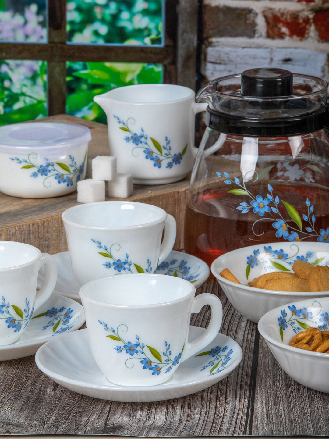 Cello White & Blue Set Of 17 Floral Printed Glass Glossy Kettle Cups and Mugs Price in India