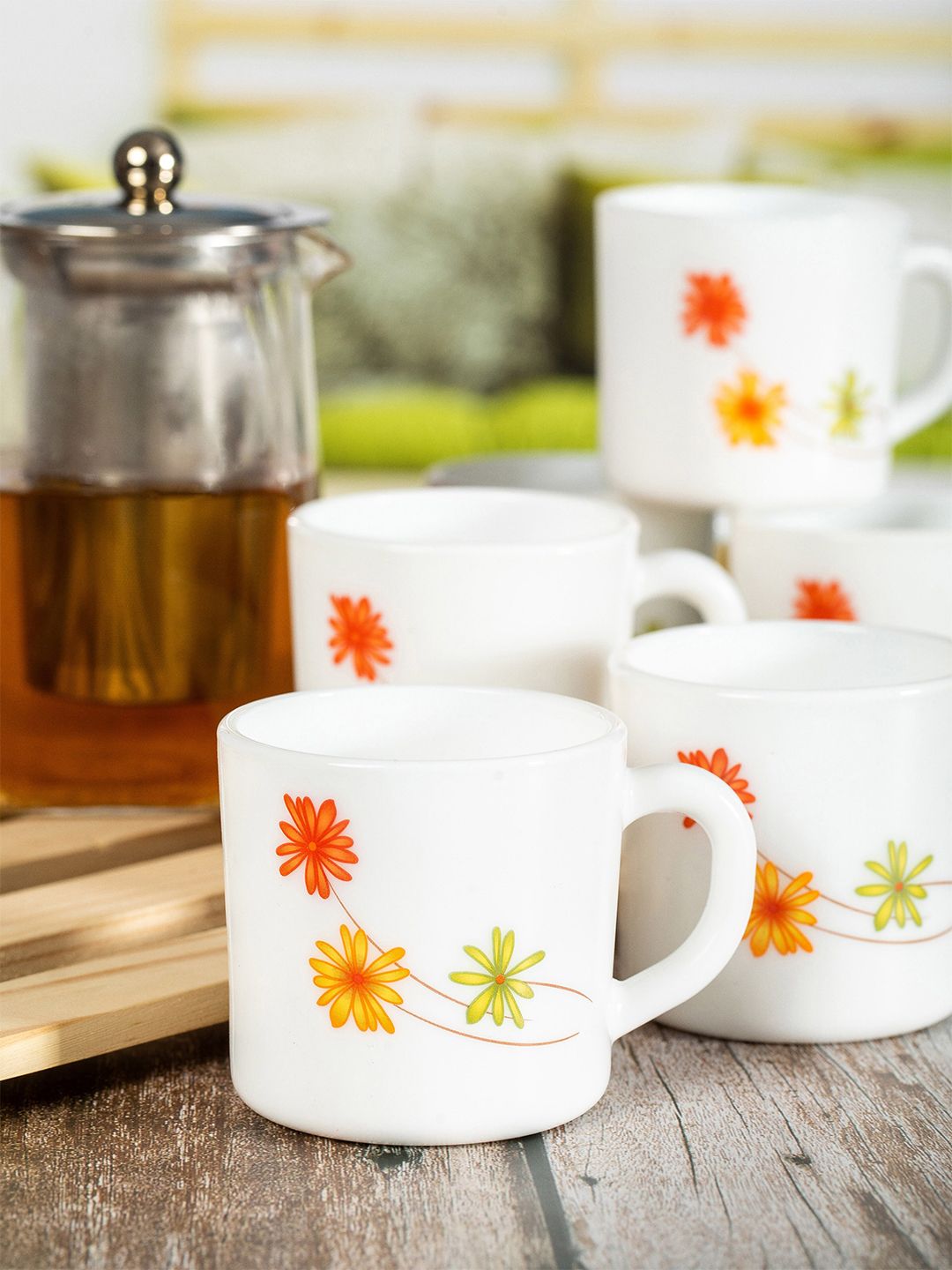 Cello White & Orange Set of 12 Floral Printed Opalware Glossy Cups and Mugs Price in India