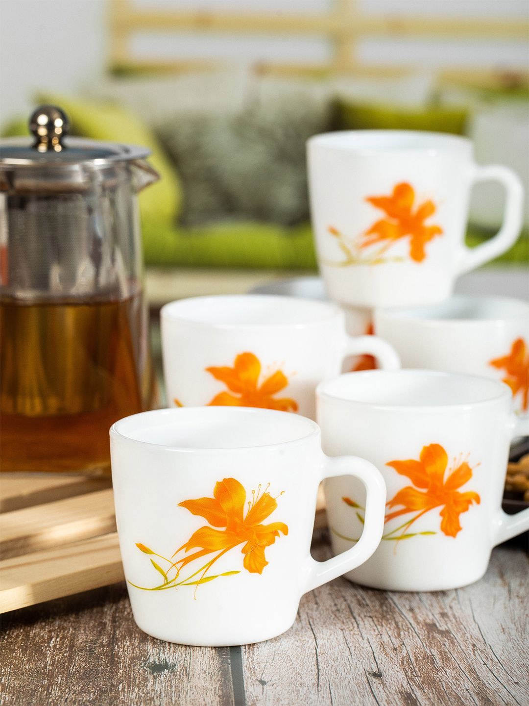 Cello White & Orange Set of 12 Floral Printed Opalware Glossy Cups and Mugs Price in India