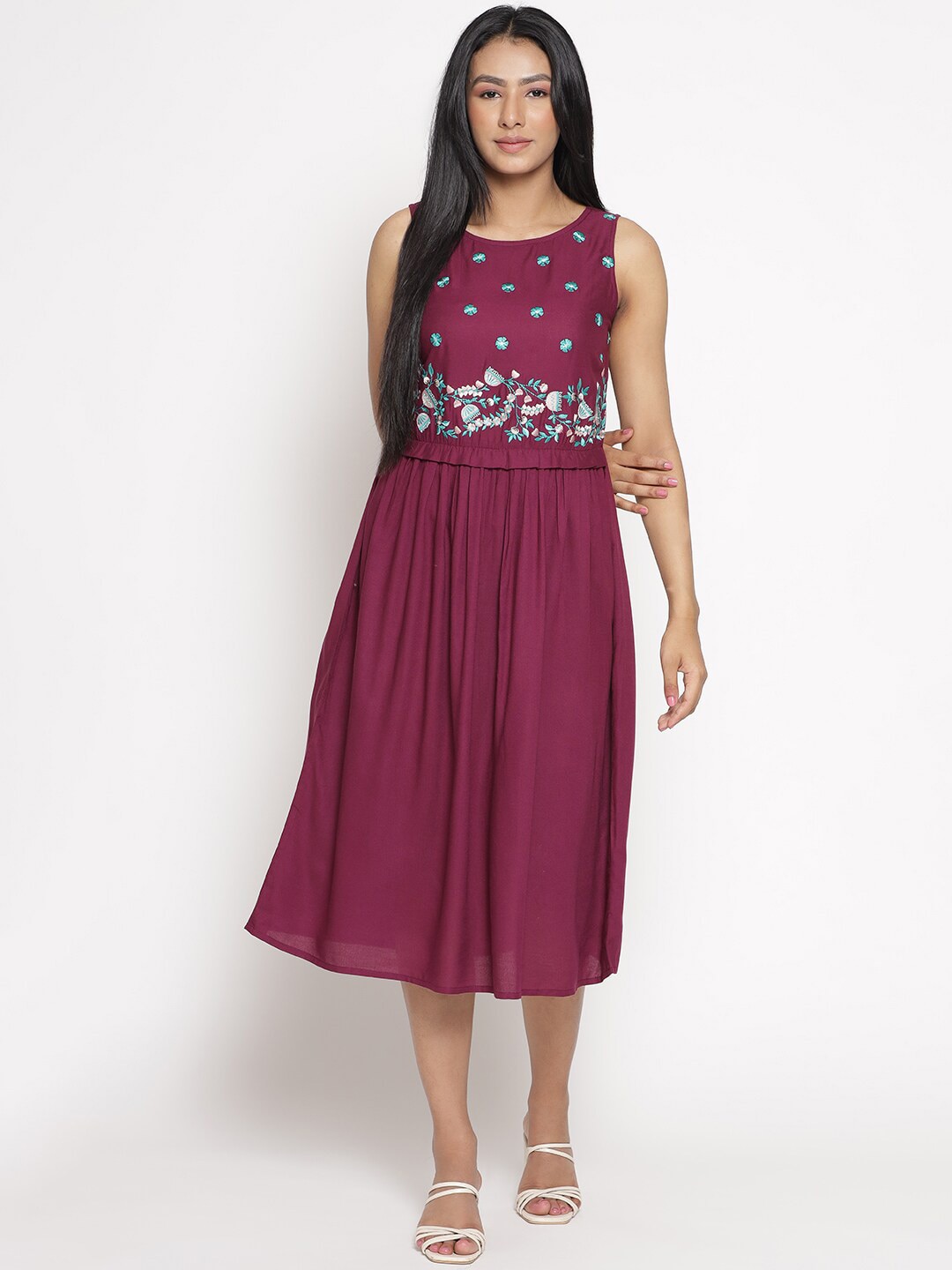 AURELIA Purple Floral Embroidered Ethnic Midi Dress Price in India