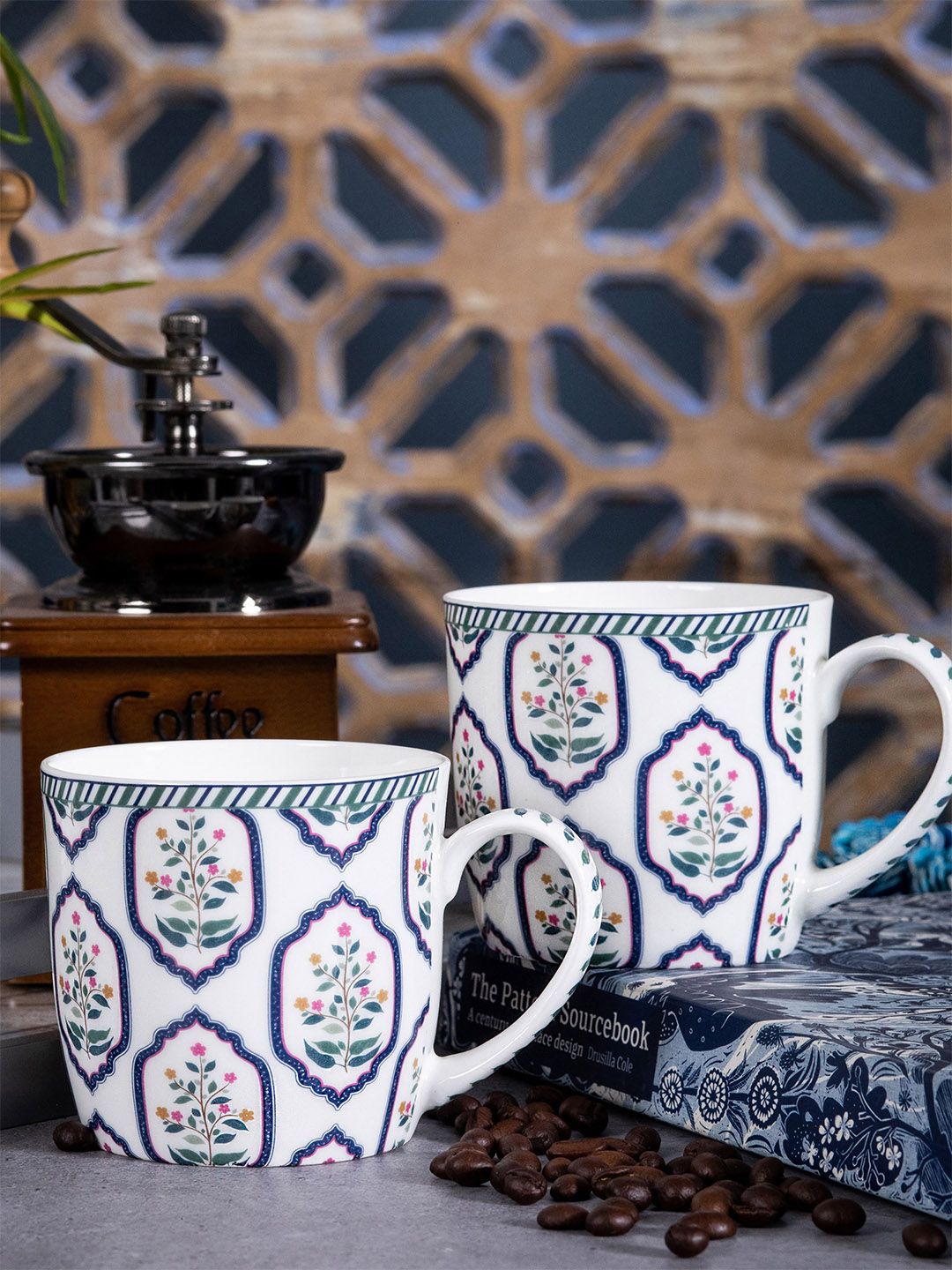 GOODHOMES White & Blue Set of 2 Printed Bone China Glossy Cups and Mugs Price in India