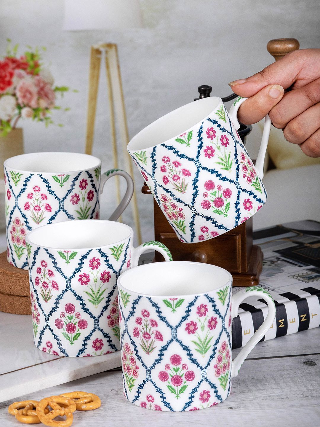 GOODHOMES White & Pink Set of 4 Printed Bone China Glossy Cups and Mugs Price in India