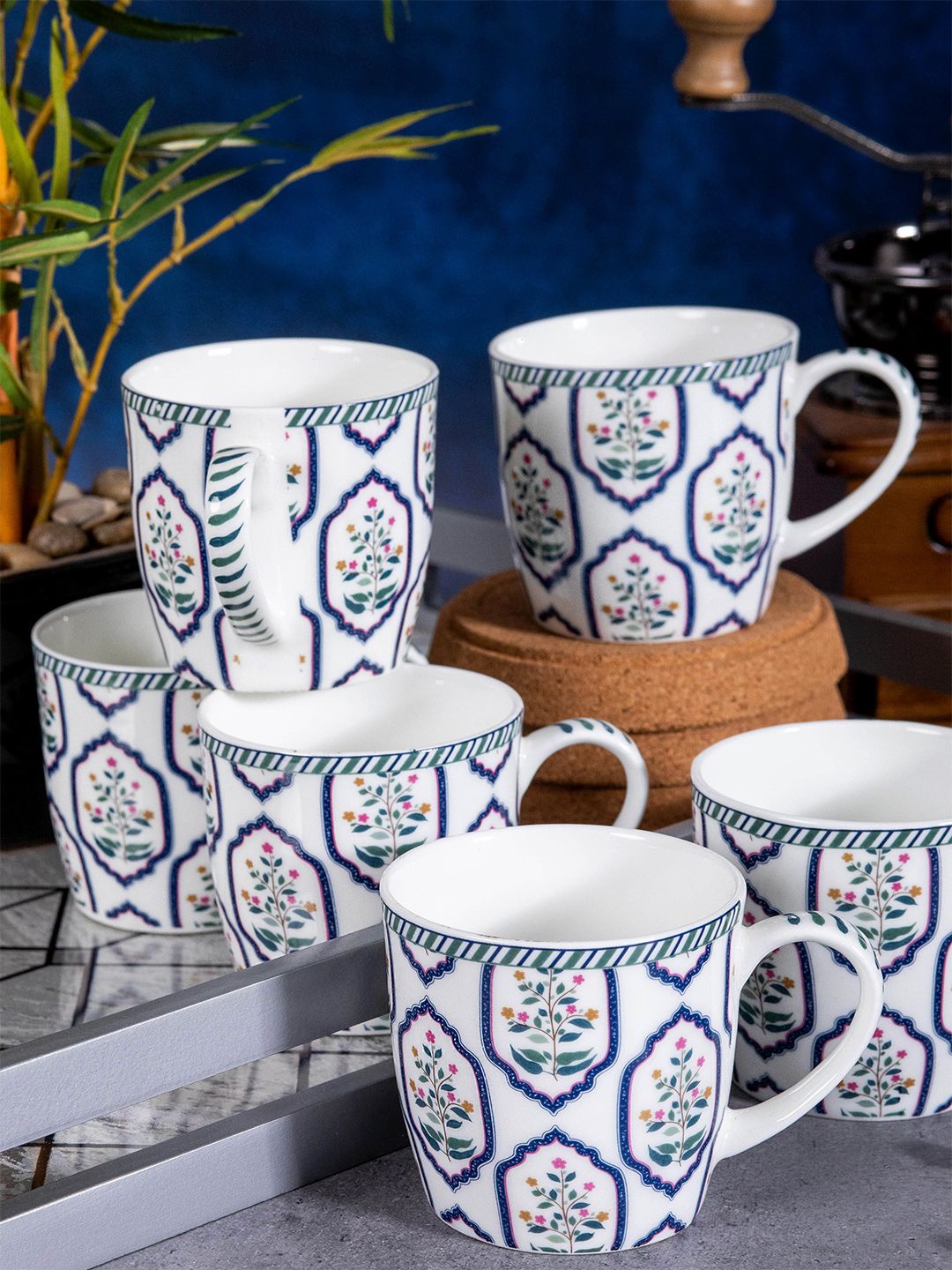 GOODHOMES White & Blue Set of 6 Printed Bone China Glossy  Cups and Mugs Price in India