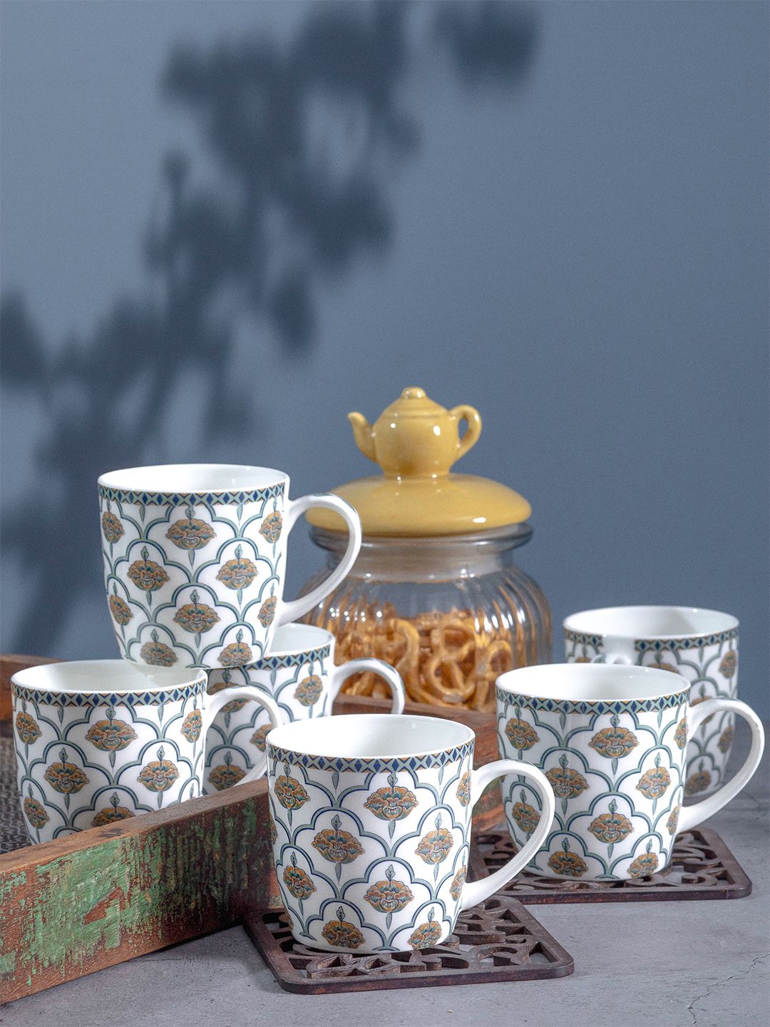 GOODHOMES White & Brown Set of 6 Printed Bone China Glossy Cups and Mugs Price in India
