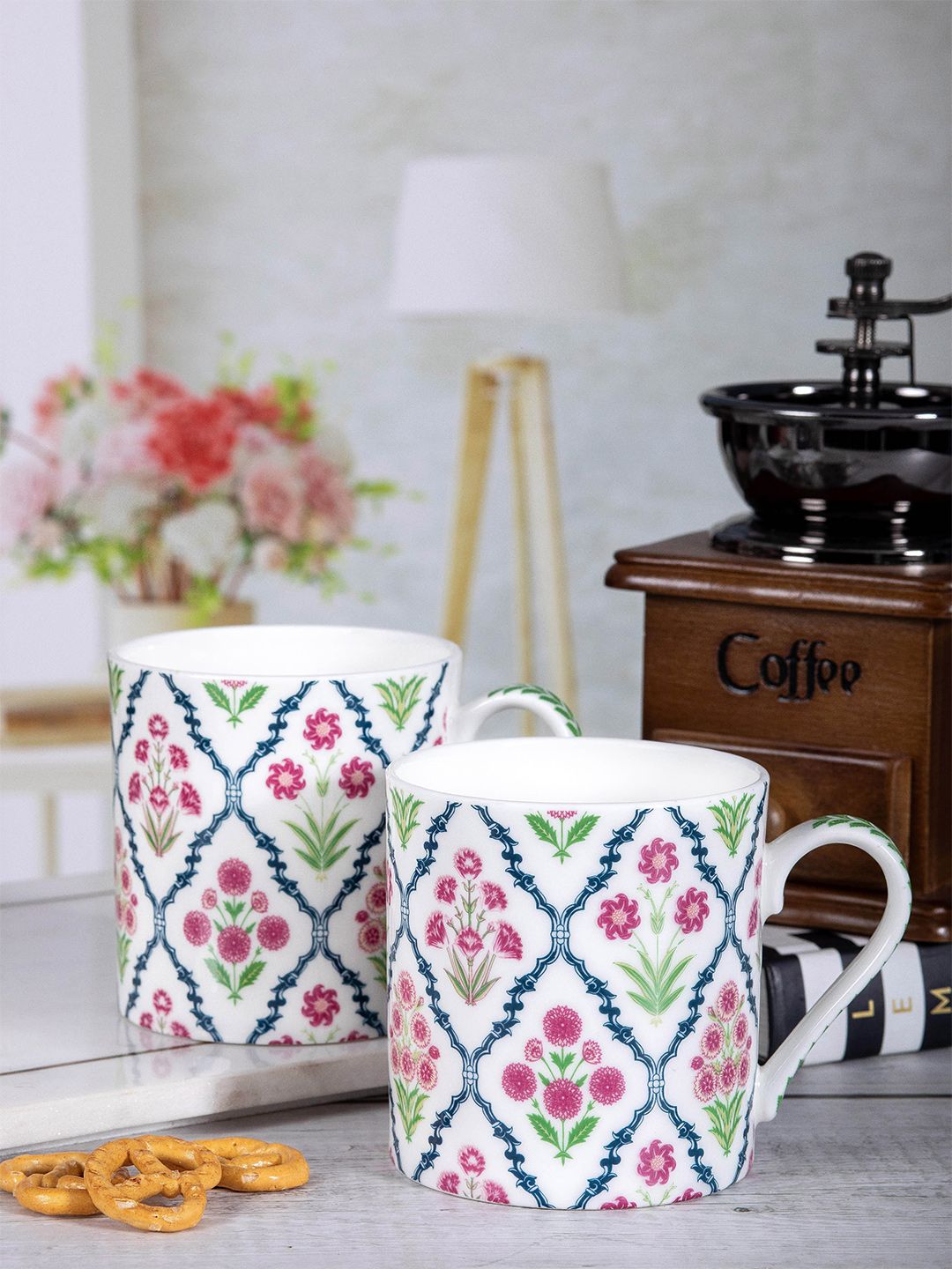 GOODHOMES White & Pink Set of 2 Printed Bone China Glossy Cups and Mugs Price in India