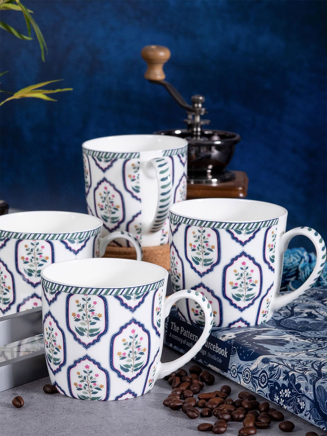 GOODHOMES White & Blue Set of 4 Printed Bone China Glossy Cups and Mugs Price in India