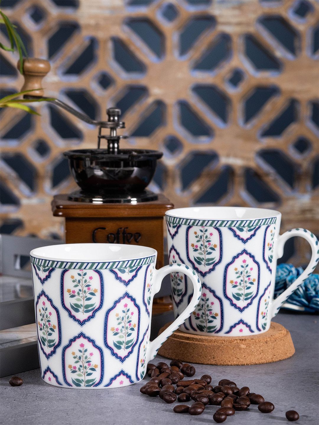 GOODHOMES White & Blue Set of 12 Printed Bone China Glossy Cups and Mugs Price in India