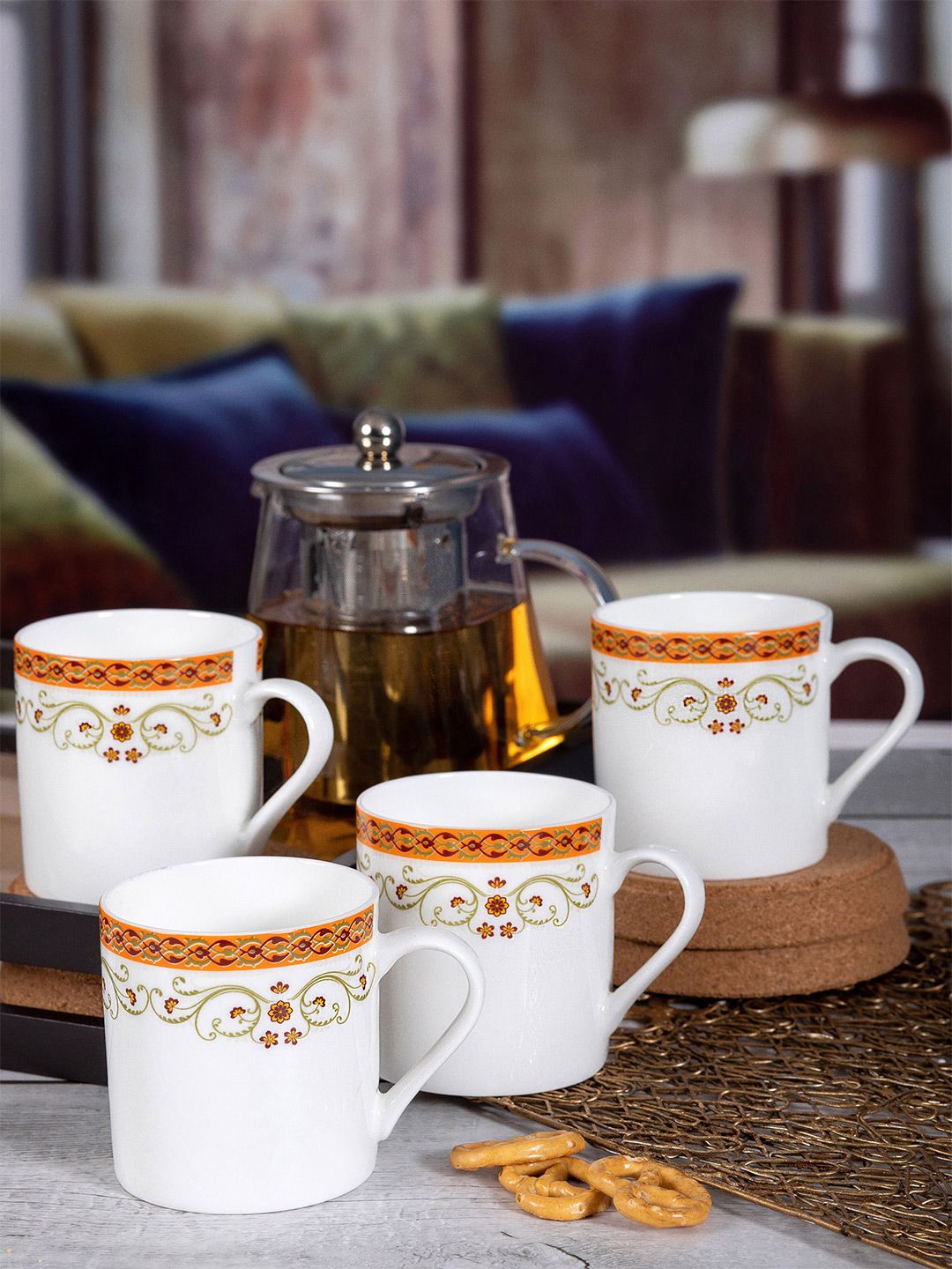 SONAKI White & Orange Set of 6 Printed Bone China Matte Cups and Mugs Price in India