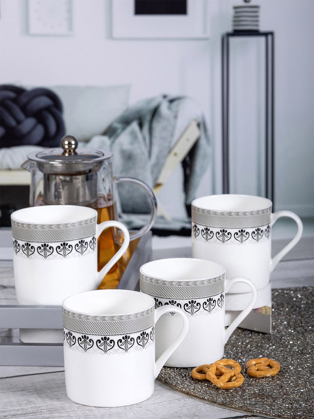 SONAKI White & Grey Set of 6 Printed Bone China Glossy Cups and Mugs Price in India