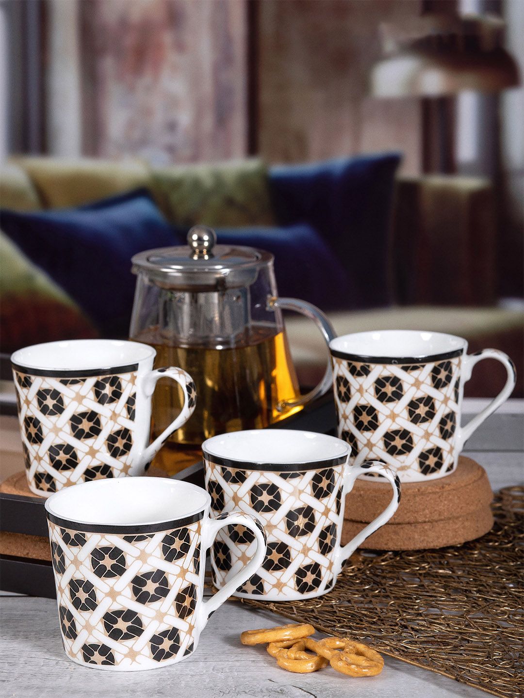 SONAKI White & Black Set of 6 Printed Bone China Glossy Cups and Mugs Price in India