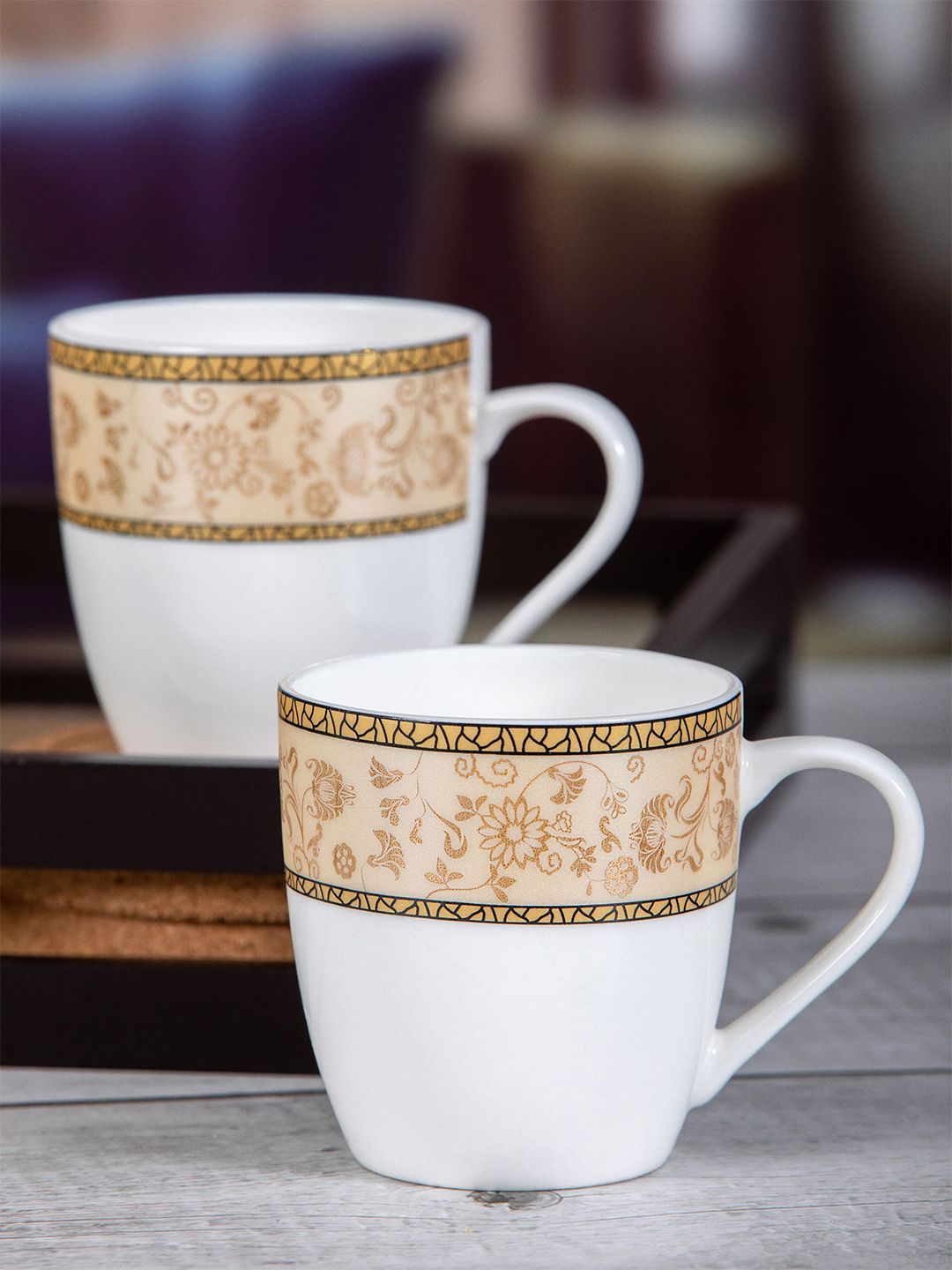 SONAKI White & Brown Set of 6 Printed Bone China Glossy Cups and Mugs Price in India