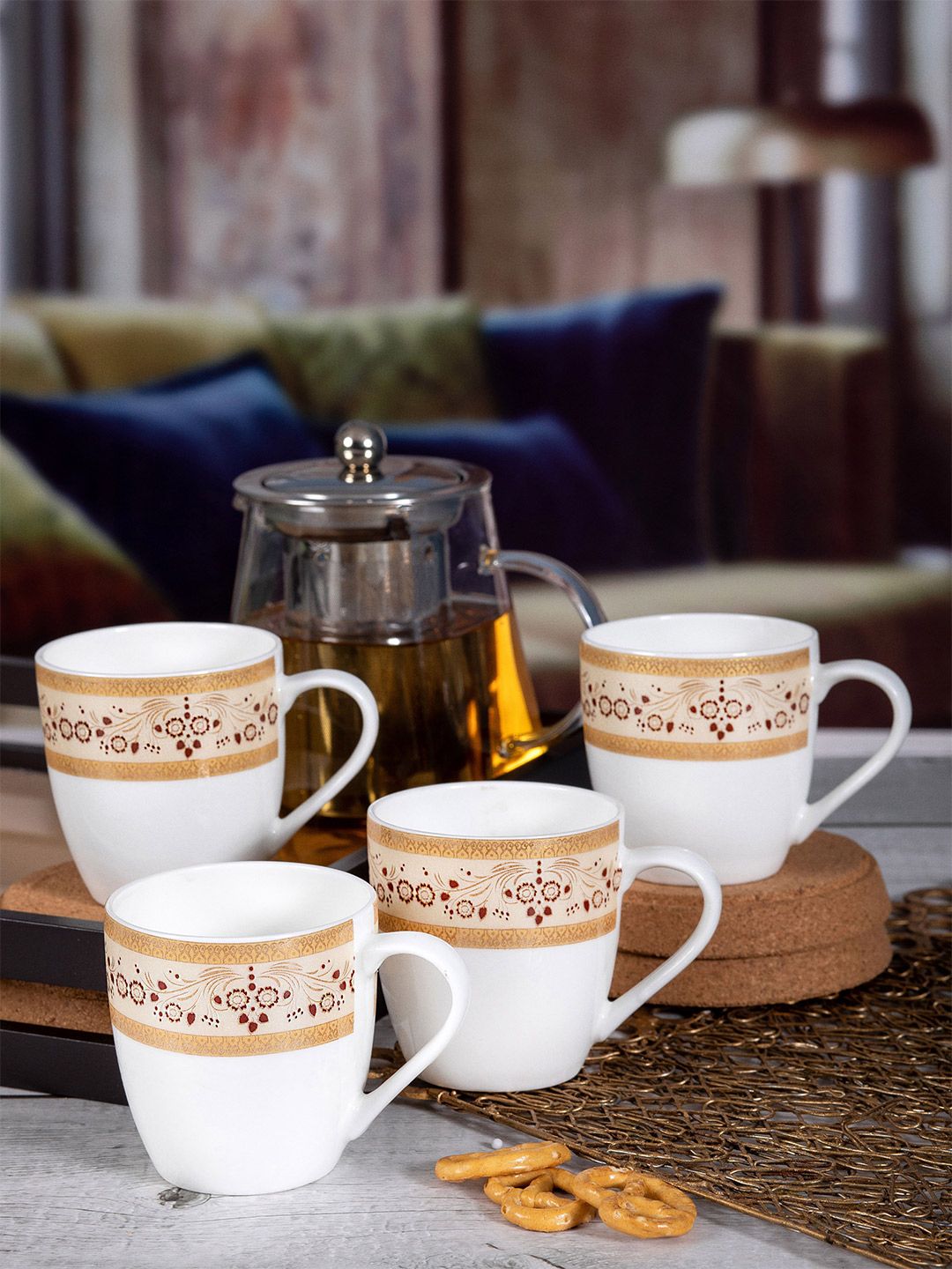 SONAKI White & Yellow Set of 6 Printed Bone China Glossy Cups and Mugs Price in India