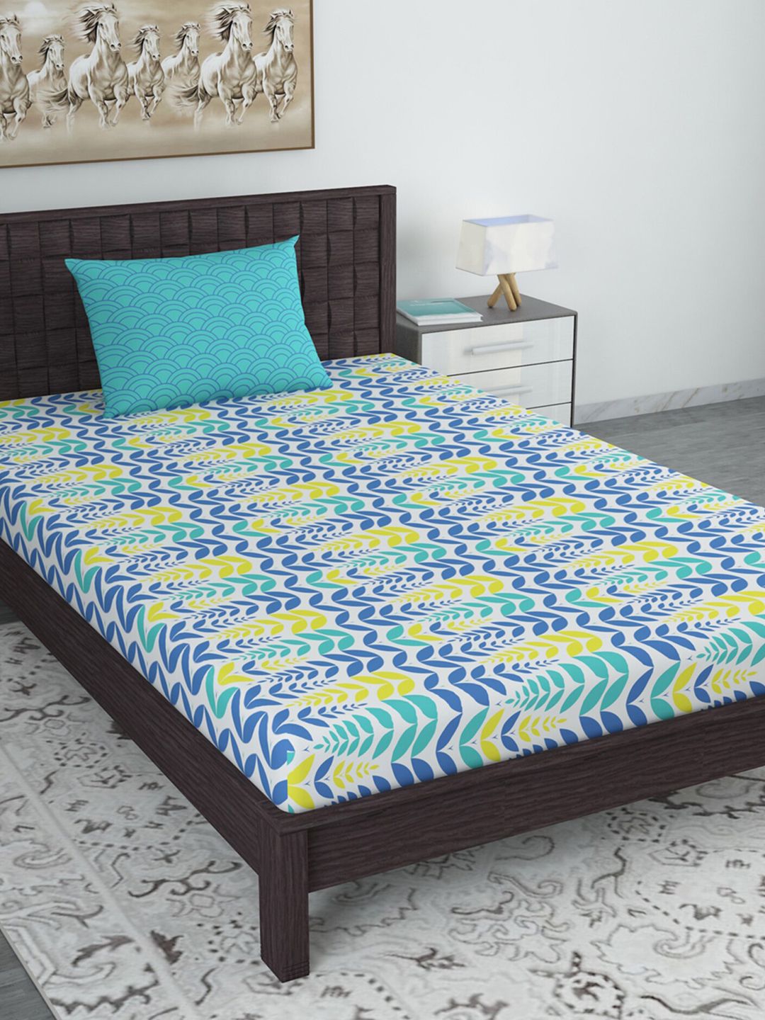 Divine Casa Blue & Yellow Floral 144 TC Single Bedsheet with 1 Pillow Cover Price in India