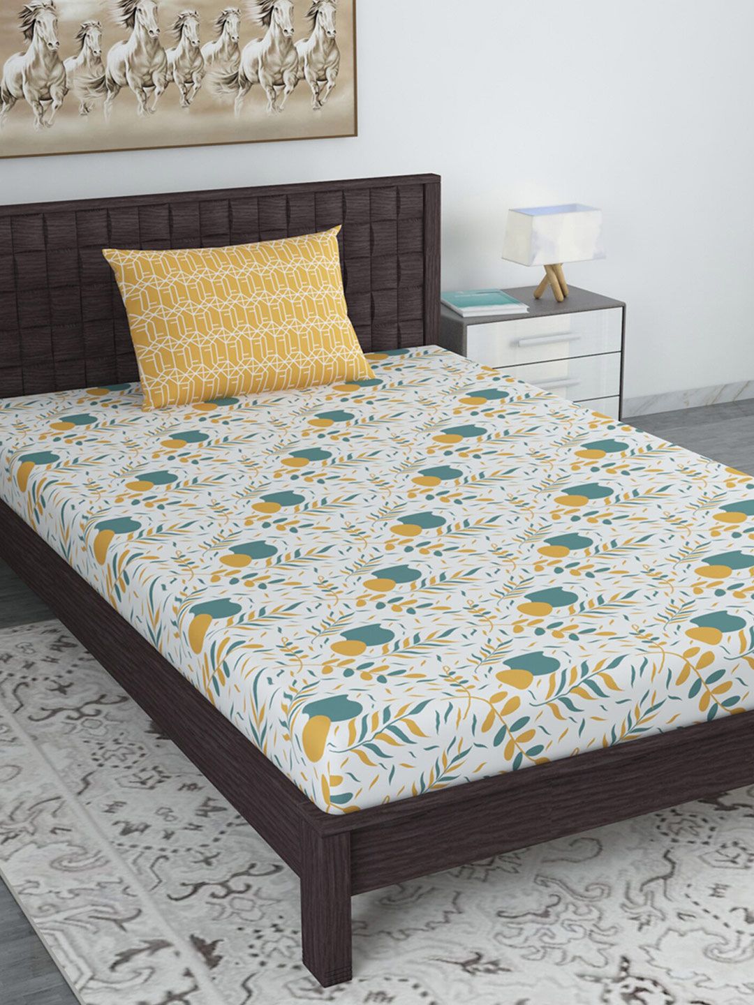 Divine Casa Yellow & White Floral 144 TC Single Bedsheet with 1 Pillow Cover Price in India