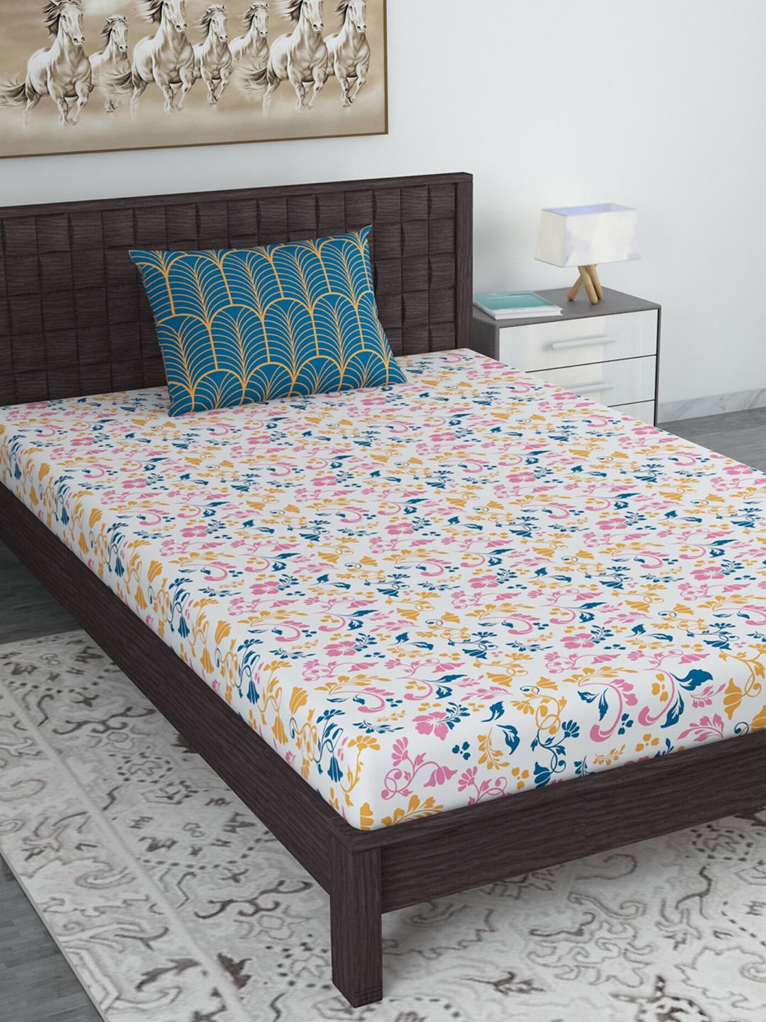 Divine Casa Pink & Yellow Floral 144 TC Single Bedsheet with 1 Pillow Cover Price in India