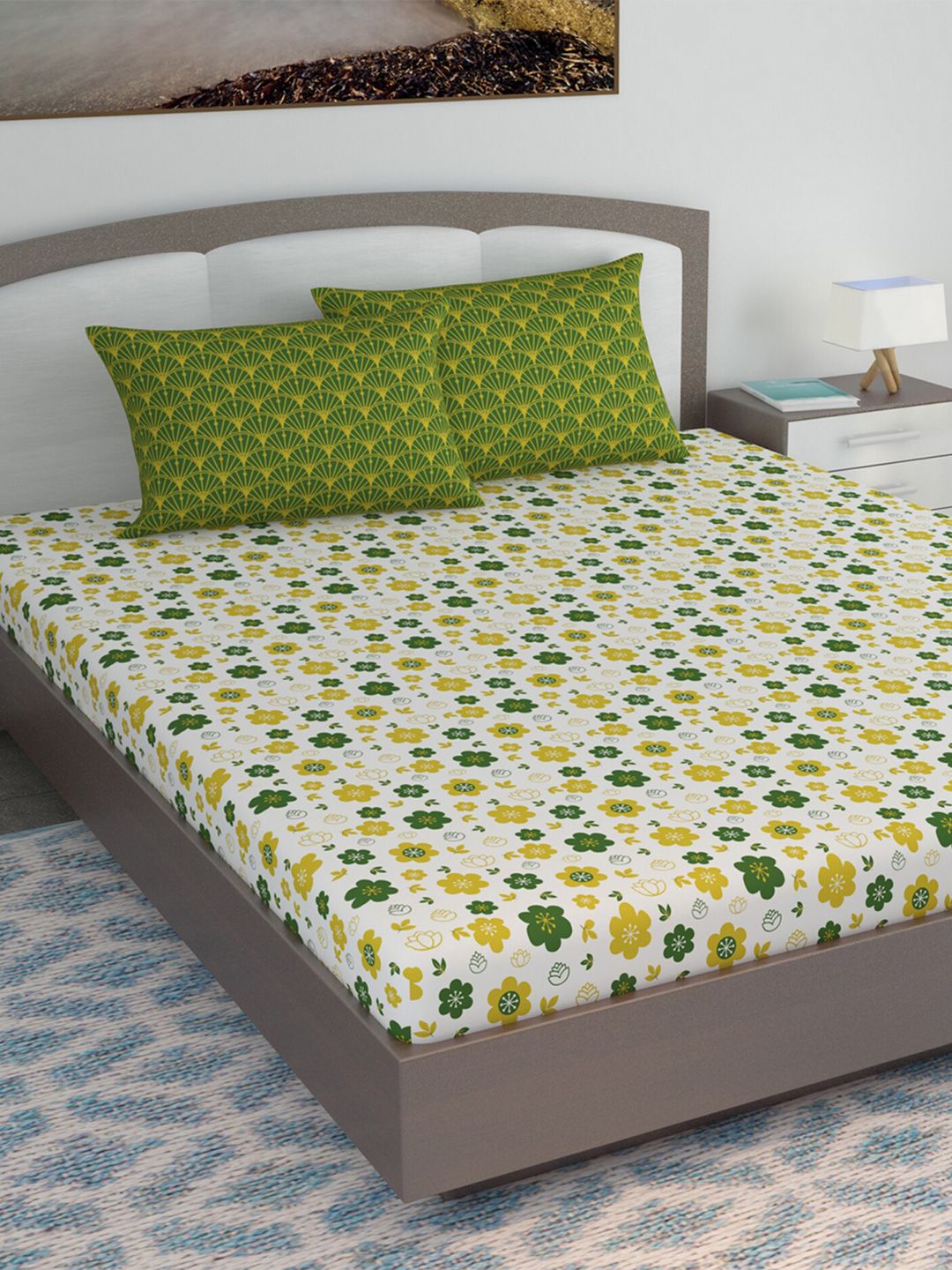 Divine Casa Olive Green & White Floral 144 TC King Bedsheet with 2 Pillow Covers Price in India