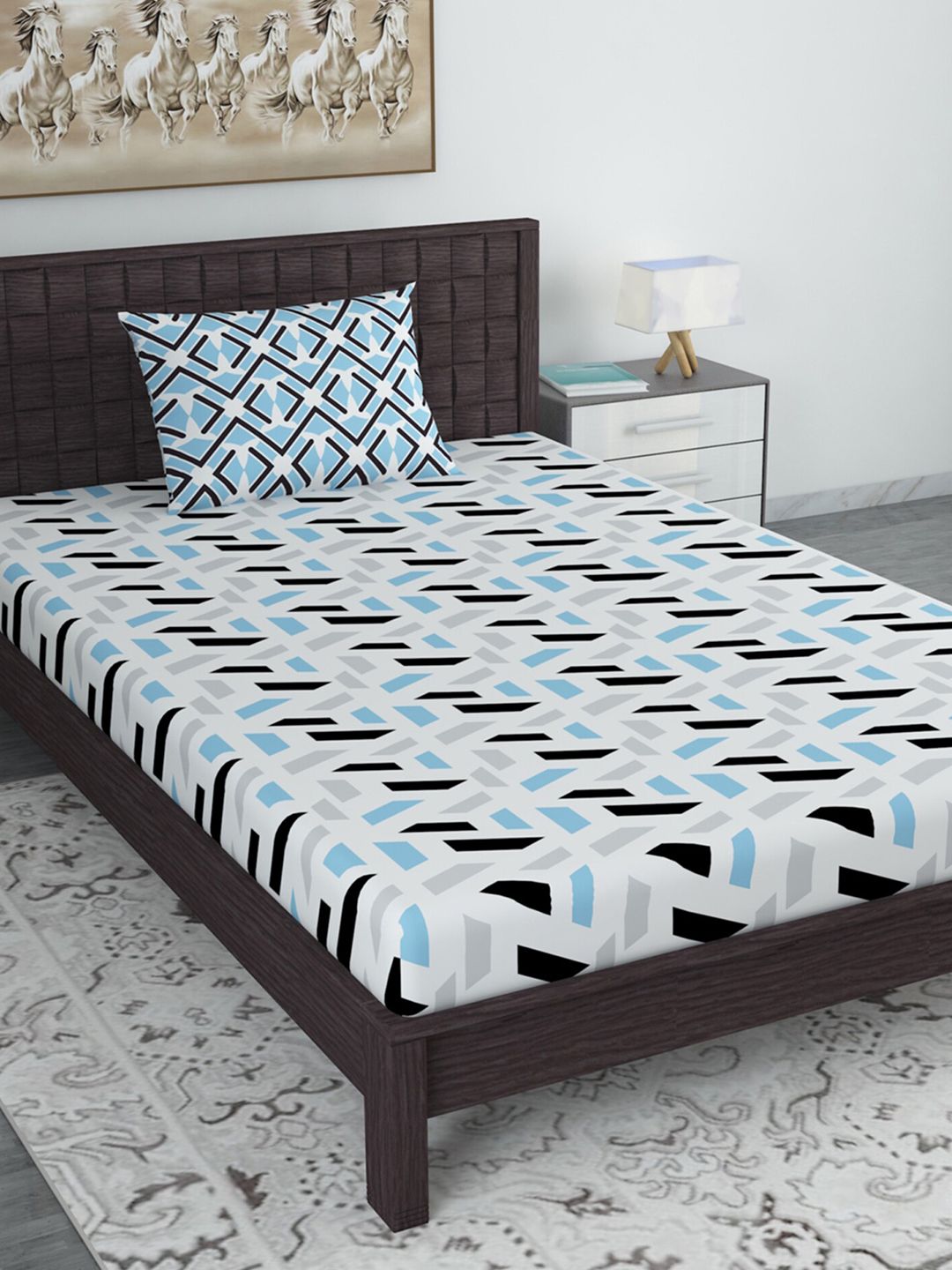 Divine Casa Blue & White Geometric 144 TC Single Bedsheet with 1 Pillow Cover Price in India