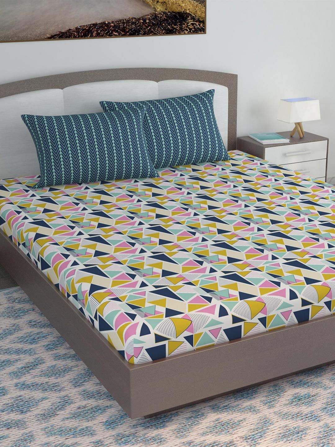 Divine Casa Blue & Yellow Geometric 144 TC King Bedsheet with 2 Pillow Covers Price in India