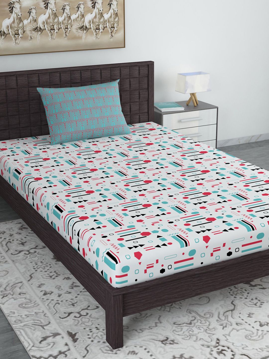 Divine Casa White & Red 144 TC Single Bedsheet with 1 Pillow Cover Price in India