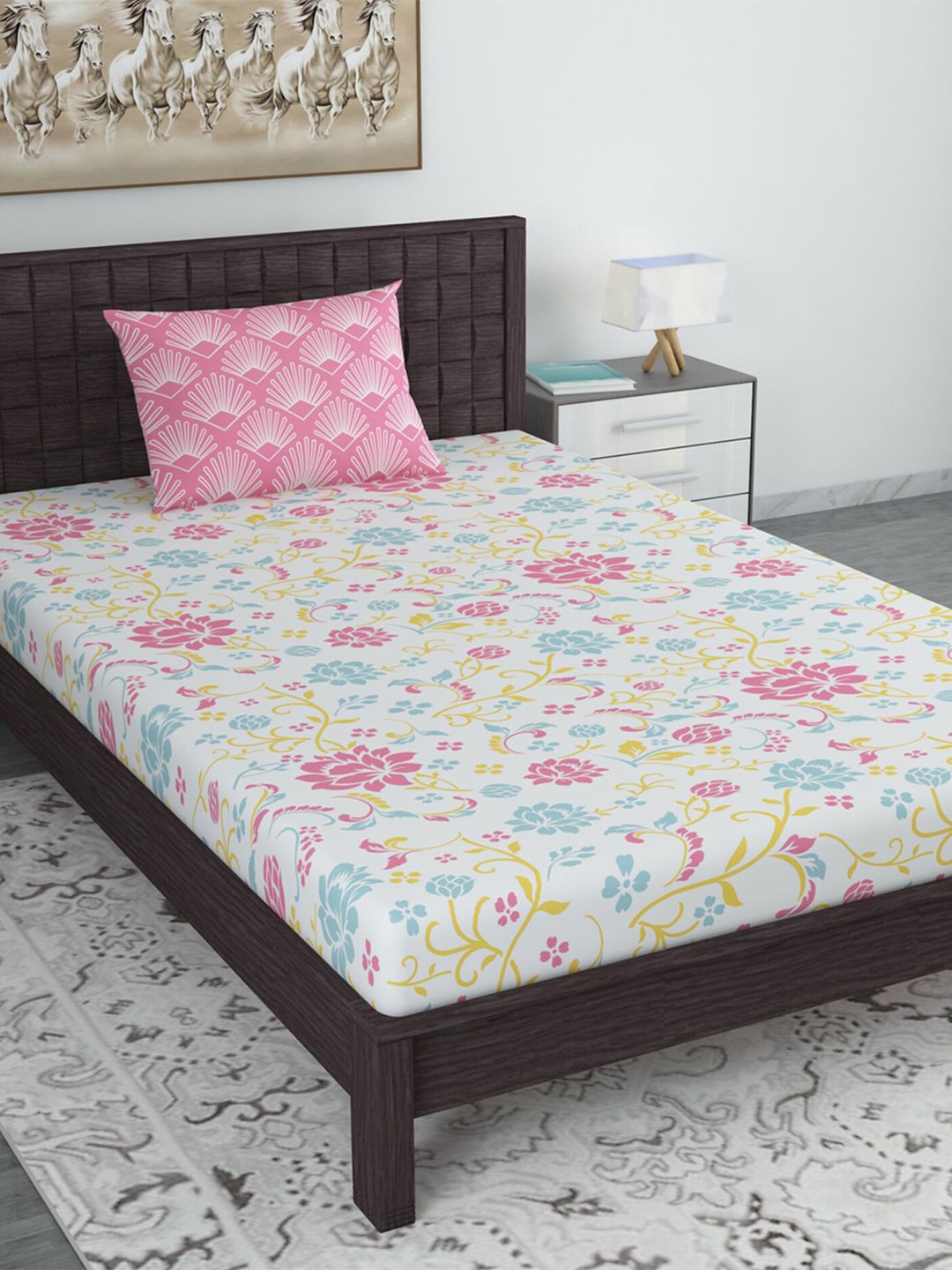 Divine Casa Pink & White Floral 144 TC Single Bedsheet with 1 Pillow Cover Price in India