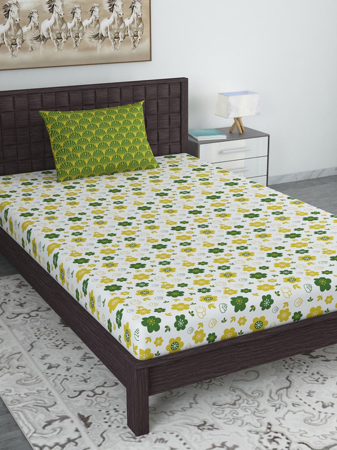 Divine Casa Olive Green & White Floral 144 TC Single Bedsheet with 1 Pillow Covers Price in India